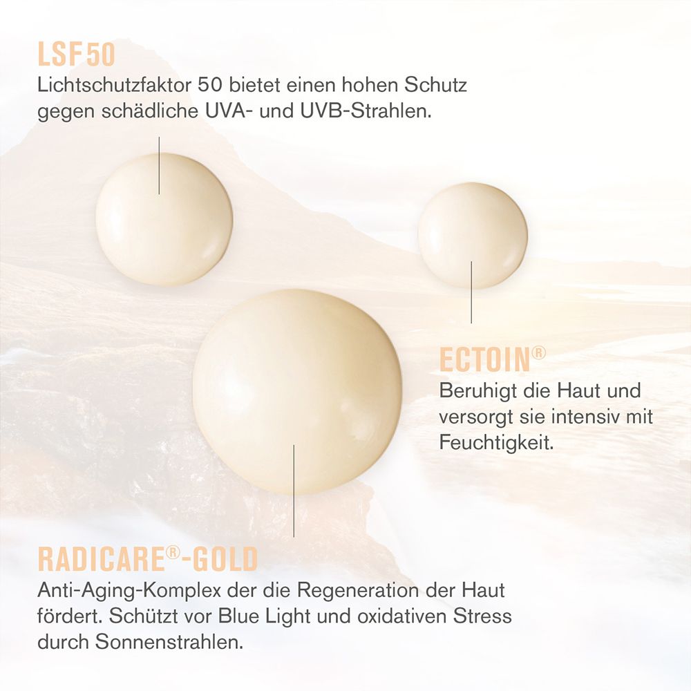 skjur zonnecrème: SPF 50, Radicare-Gold, Ectoin voor huidbescherming en vocht.