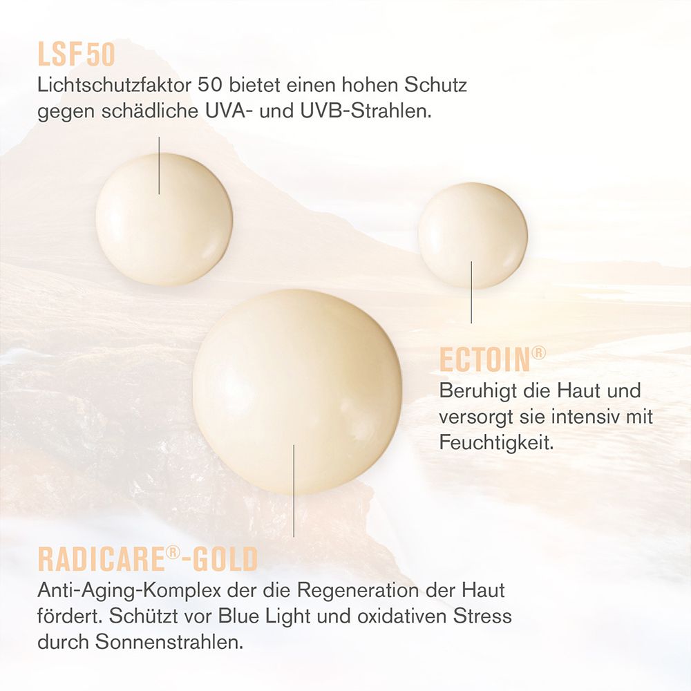Drie druppels van een romige vloeistof met de ingrediënten LSF50, Ectoin en Radicare-Gold.