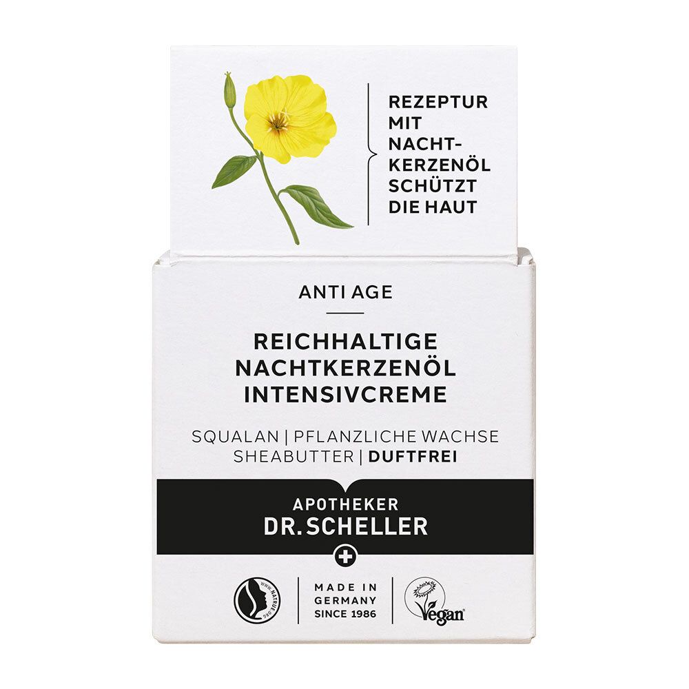 Crèmeverpakking met productinfo en gele bloem. Vegan-keurmerk.