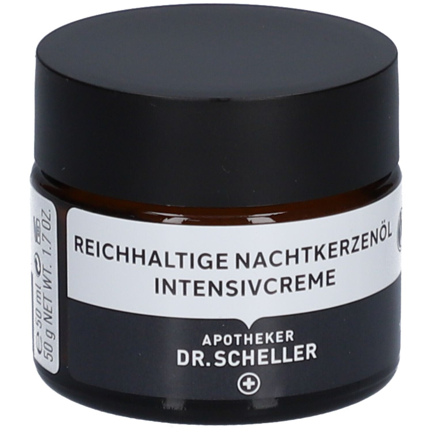 Pot de crème brun avec couvercle noir. Nom du produit sur étiquette blanche. Label vegan.