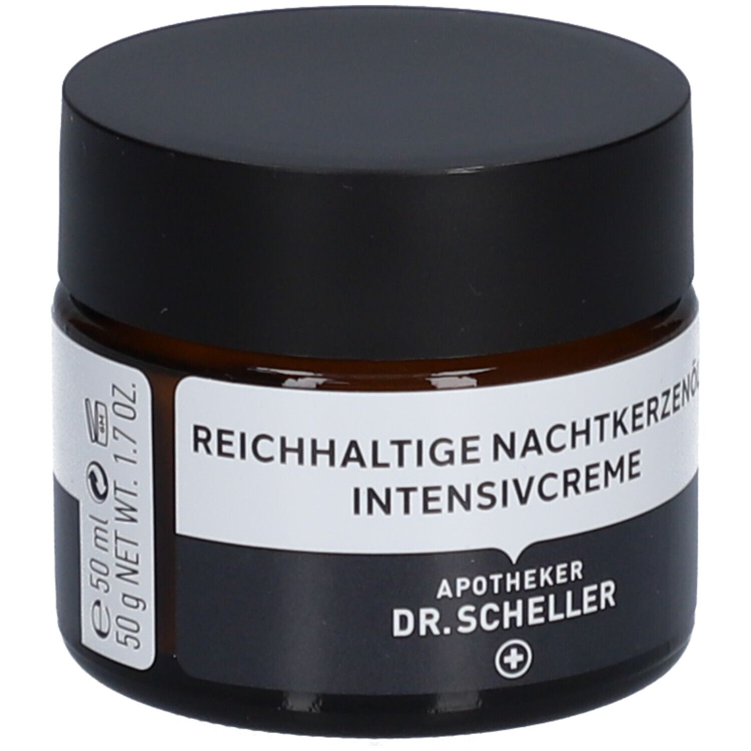 Pot de crème brun avec couvercle noir. Nom du produit sur étiquette blanche. 50 ml, 50 g.