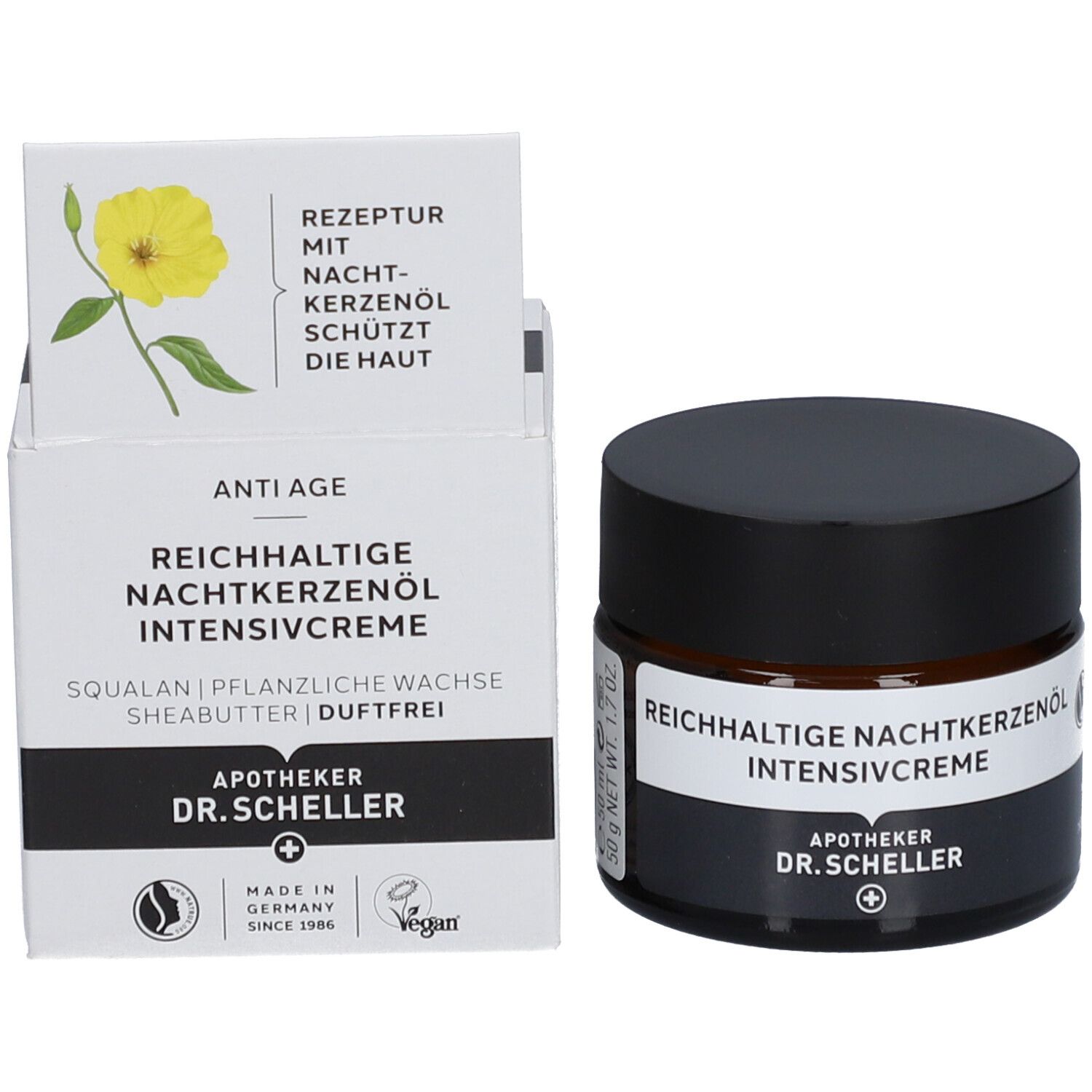 Pot de crème et emballage. Nom du produit et logo pharmacien. Label vegan.