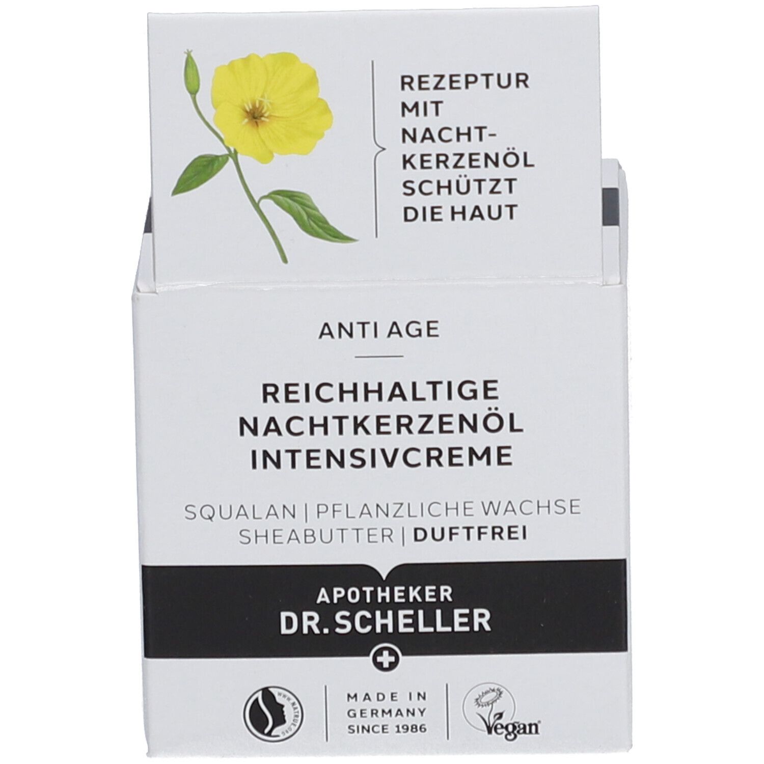Emballage crème avec informations produit et illustration fleur jaune. Label vegan.