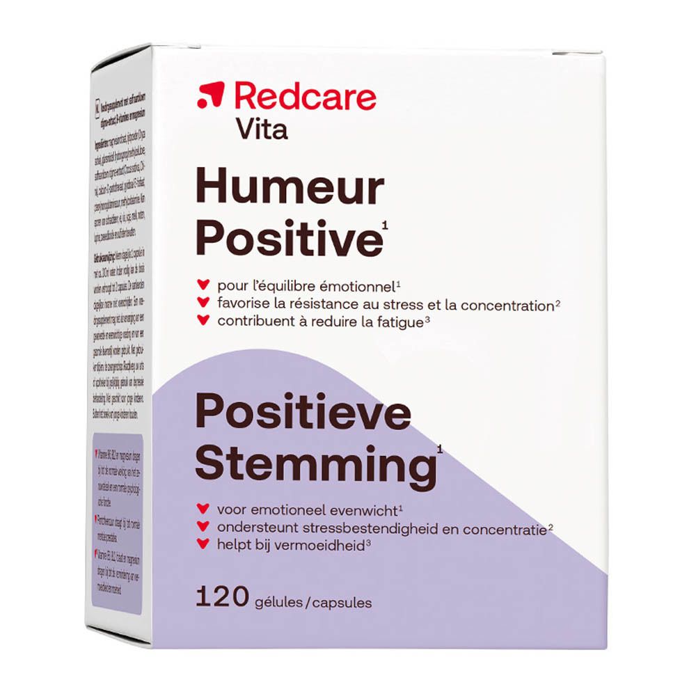 Doosje voedingssupplement. Ingrediënten en voedingsinformatie. Bevat 120 capsules. Merk: Redcare Vita.