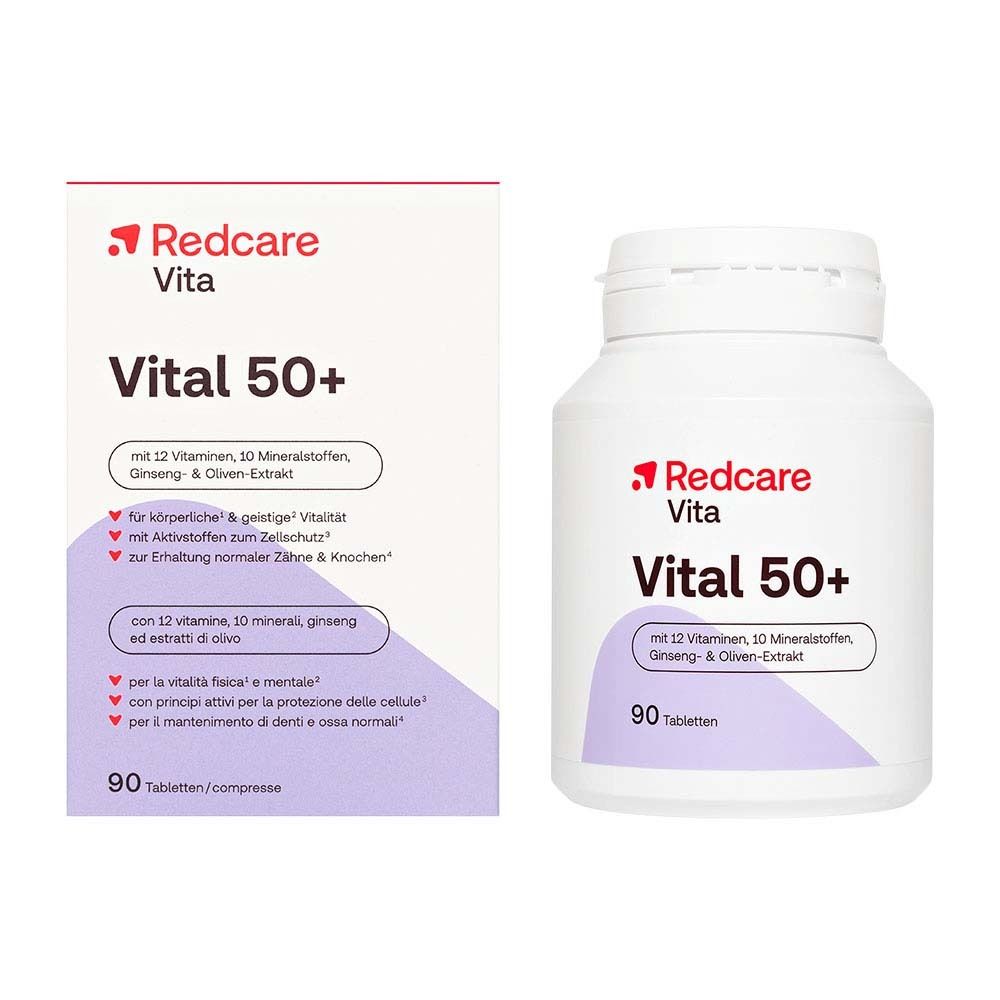 Flacon blanc de Redcare Vita Vital 50+ avec 90 comprimés. Contient 12 vitamines, 10 minéraux, ginseng et extrait d'olive. 