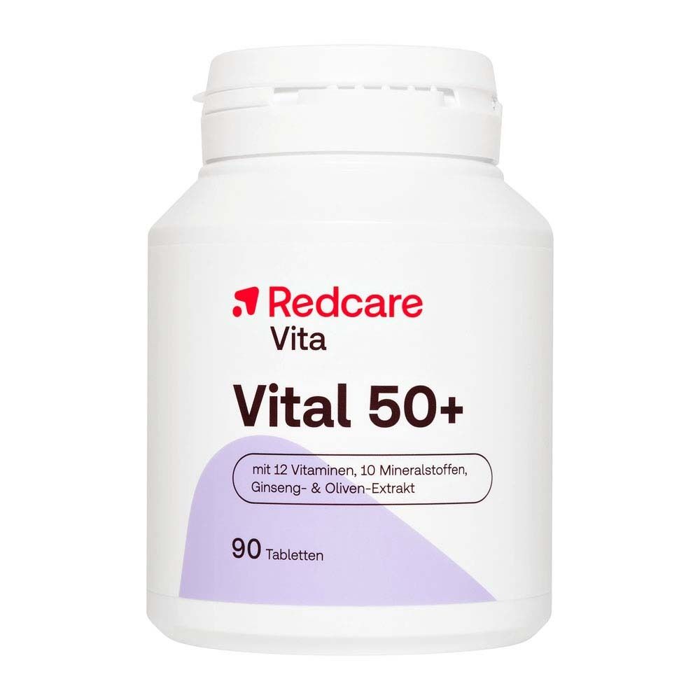 Boîte de Redcare Vita Vital 50+ avec 90 comprimés. Contient 12 vitamines, 10 minéraux, ginseng et extrait d'olive. Texte en allemand et italien.