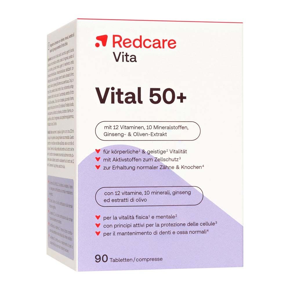 Flacon blanc de Redcare Vita Vital 50+ avec 90 comprimés. Contient 12 vitamines, 10 minéraux, ginseng et extrait d'olive. 