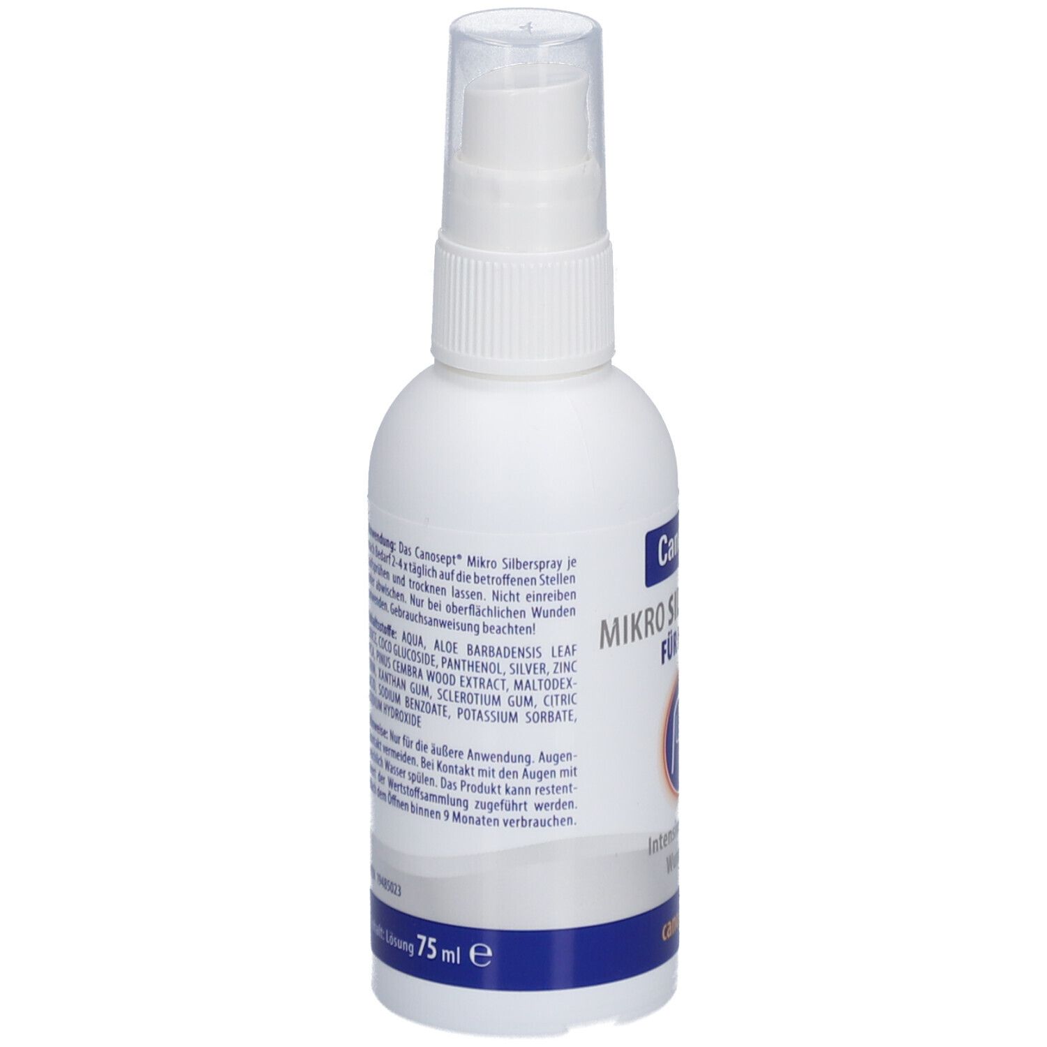 Flacon spray blanc avec texte. Dos avec ingrédients et autres informations. Écriture bleue.