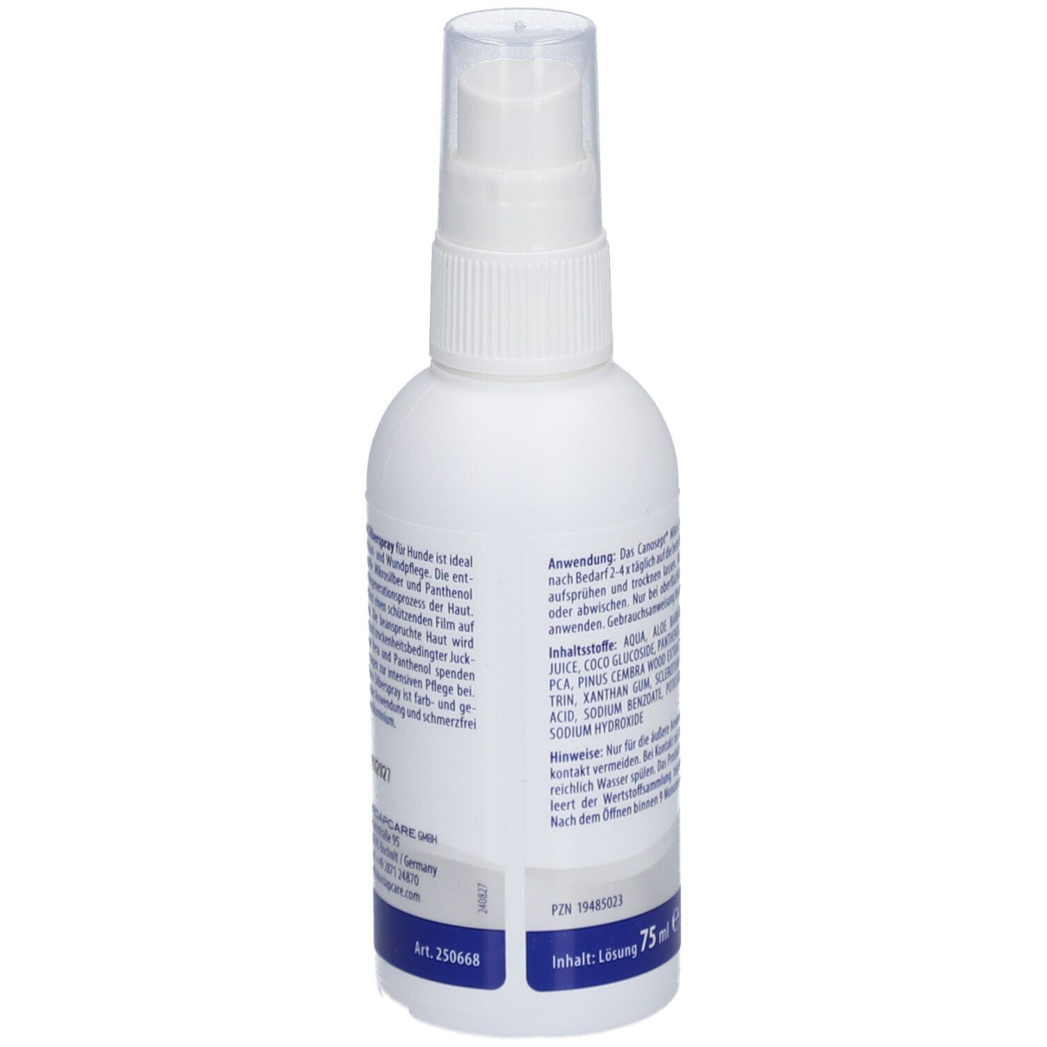 Flacon spray blanc avec texte. Dos avec instructions d'utilisation et autres informations. Écriture bleue.