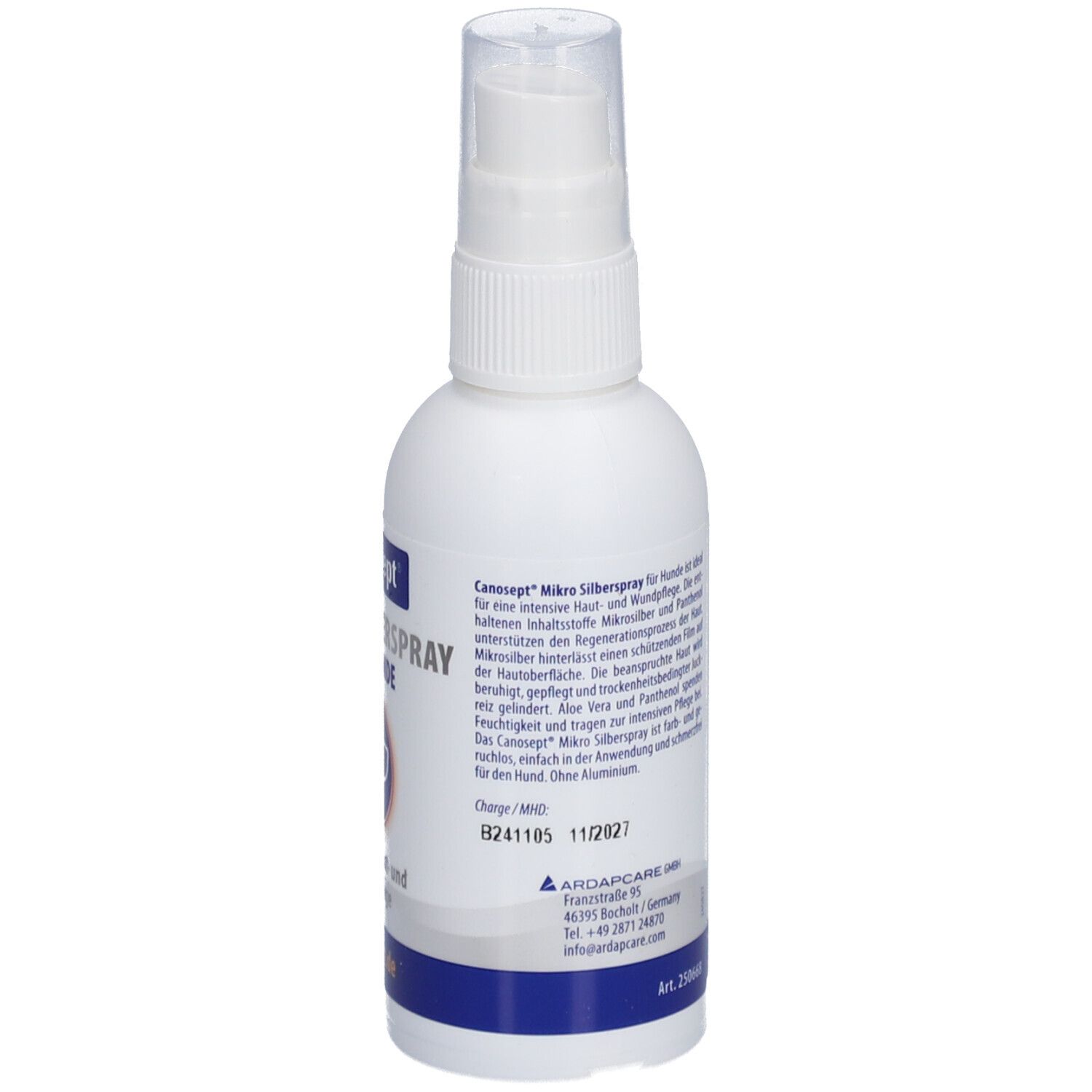 Flacon spray blanc avec texte. Dos avec plus d'informations. Écriture bleue. Adresse du fabricant.
