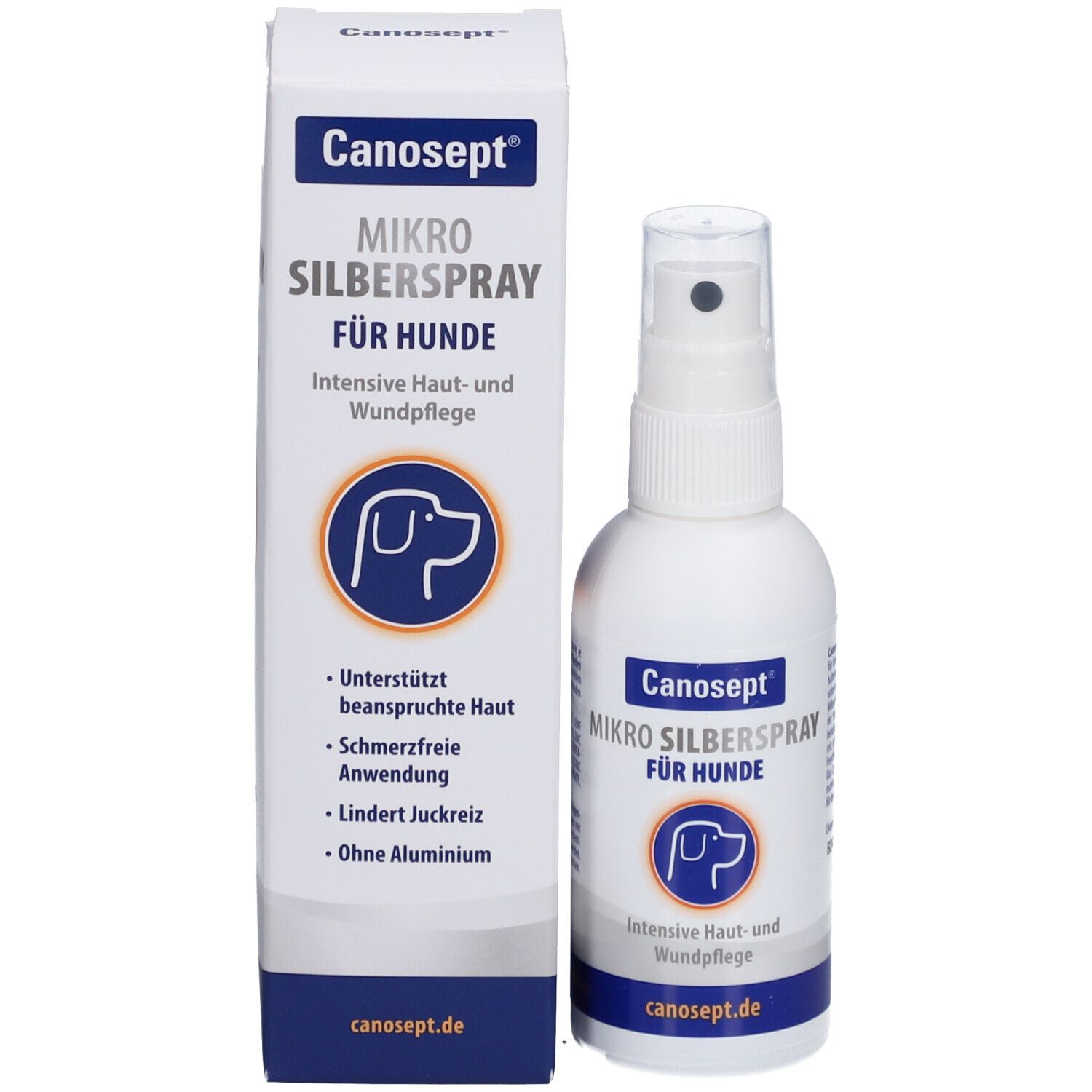 Emballage du produit et flacon pulvérisateur. Emballage : blanc avec étiquette bleue. Inscription : Canosept Mikro Silberspray für Hunde.