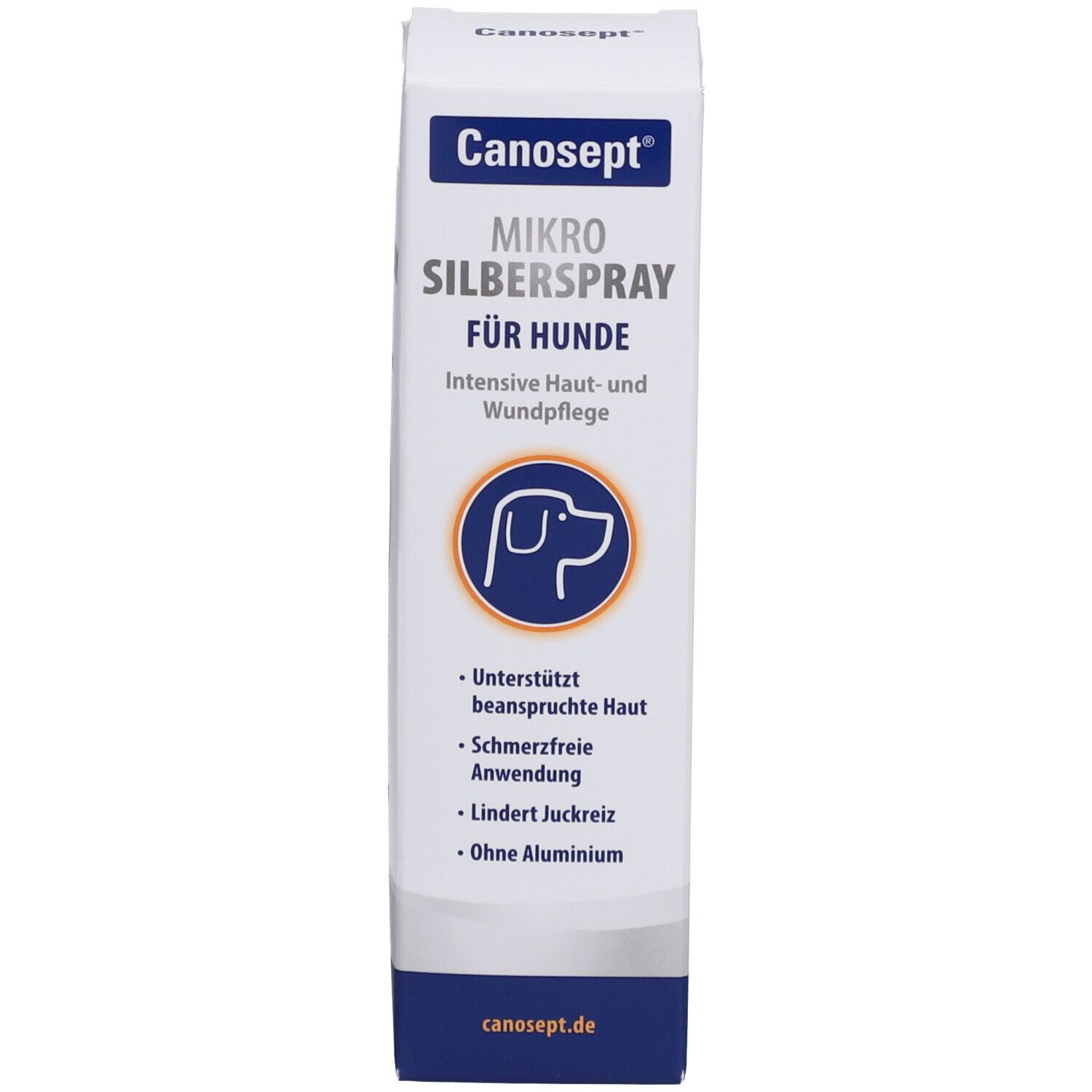 Emballage du produit, blanc avec étiquette bleue. Inscription : Canosept Mikro Silberspray für Hunde. Texte et logo.