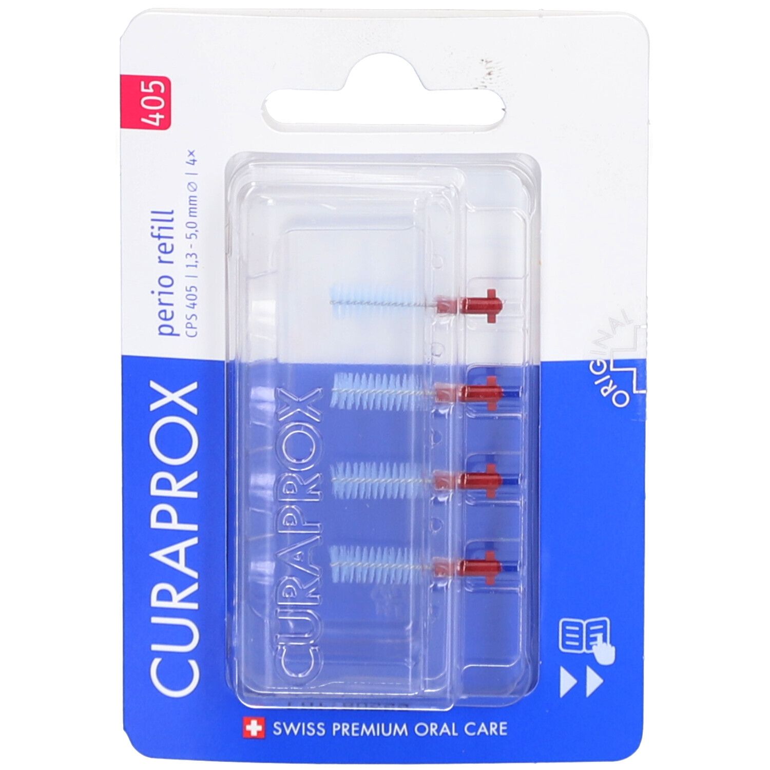 Curaprox CPS 405 Perio navulling, interdentale borstels in blisterverpakking. Blauwe borstelharen, rode houders. "Curaprox" tekst.