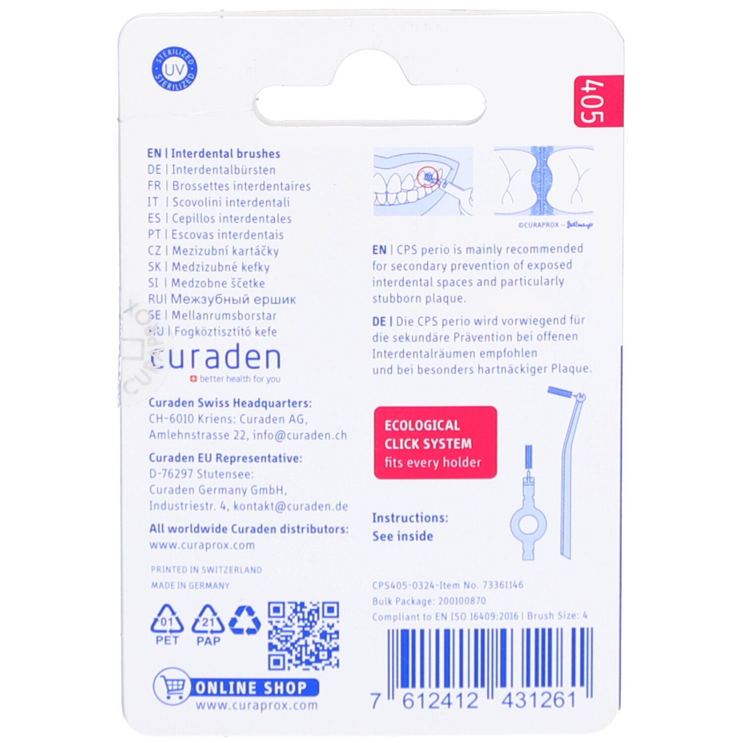 Achterkant van de verpakking met productinformatie. Tekst in meerdere talen. Illustraties. "Curaprox" logo. QR-code.