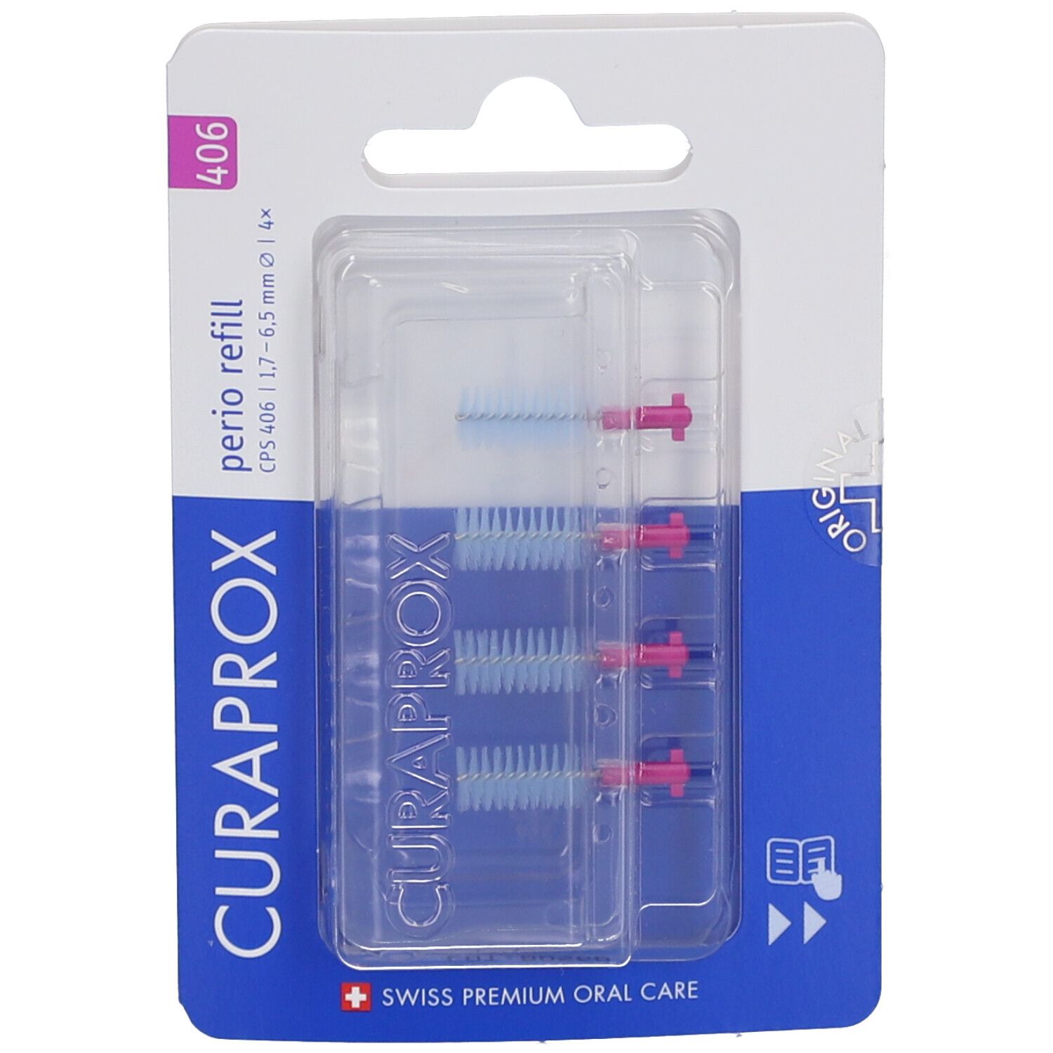 Paquet de recharges CURAPROX CPS 406 Perio. Contient 4 brosses interdentaires à brins bleus et supports rouges. Nom du produit visible.