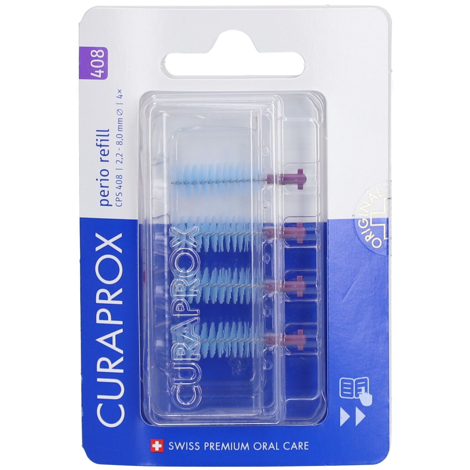 Blisterverpakking met Curaprox CPS 408 Perio Refill. Blauwe borstelkoppen met rode houders. Productnaam en merk zichtbaar.