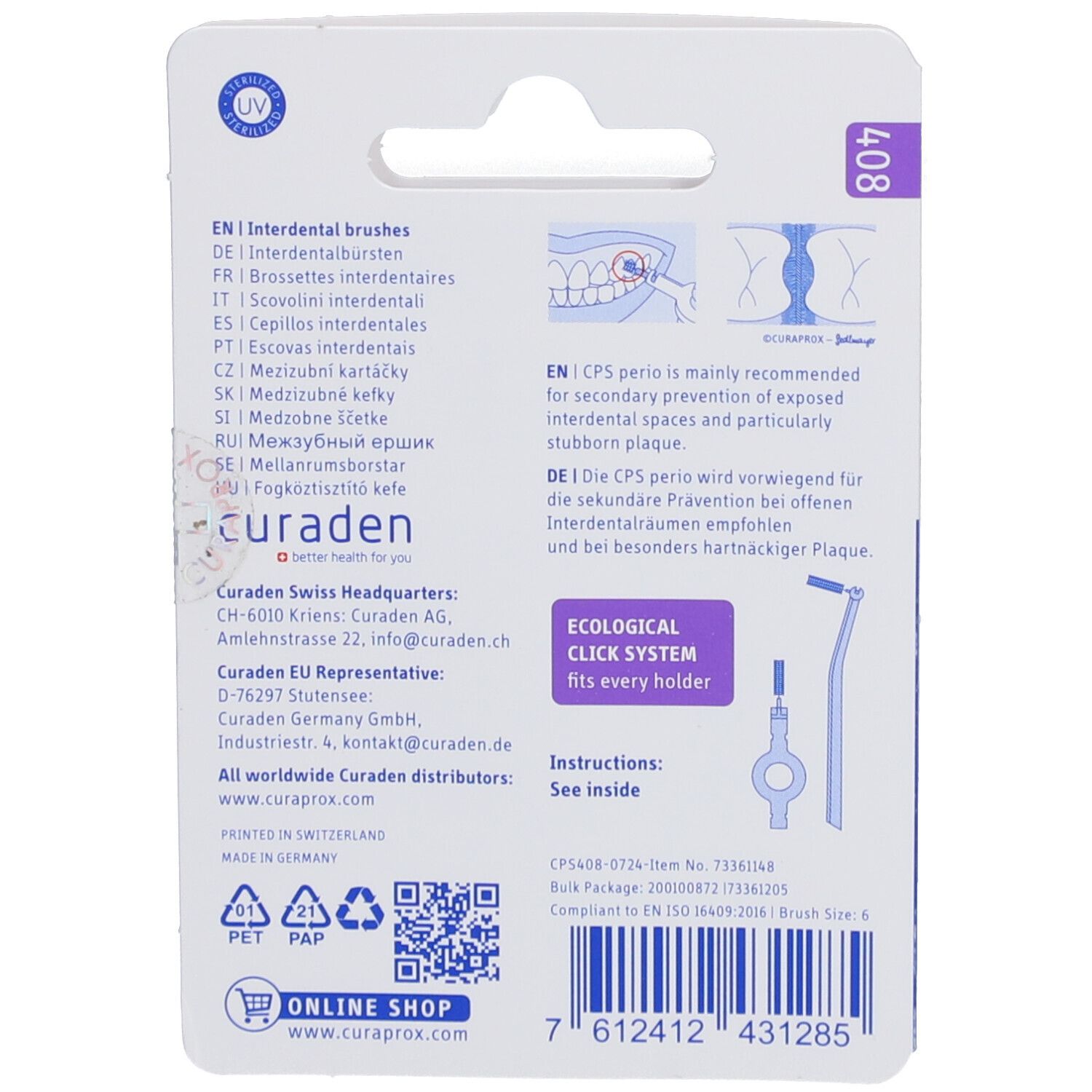 Achterkant van de verpakking met productinformatie. Tekst in meerdere talen. Illustraties en logo's. Merk Curaprox zichtbaar.