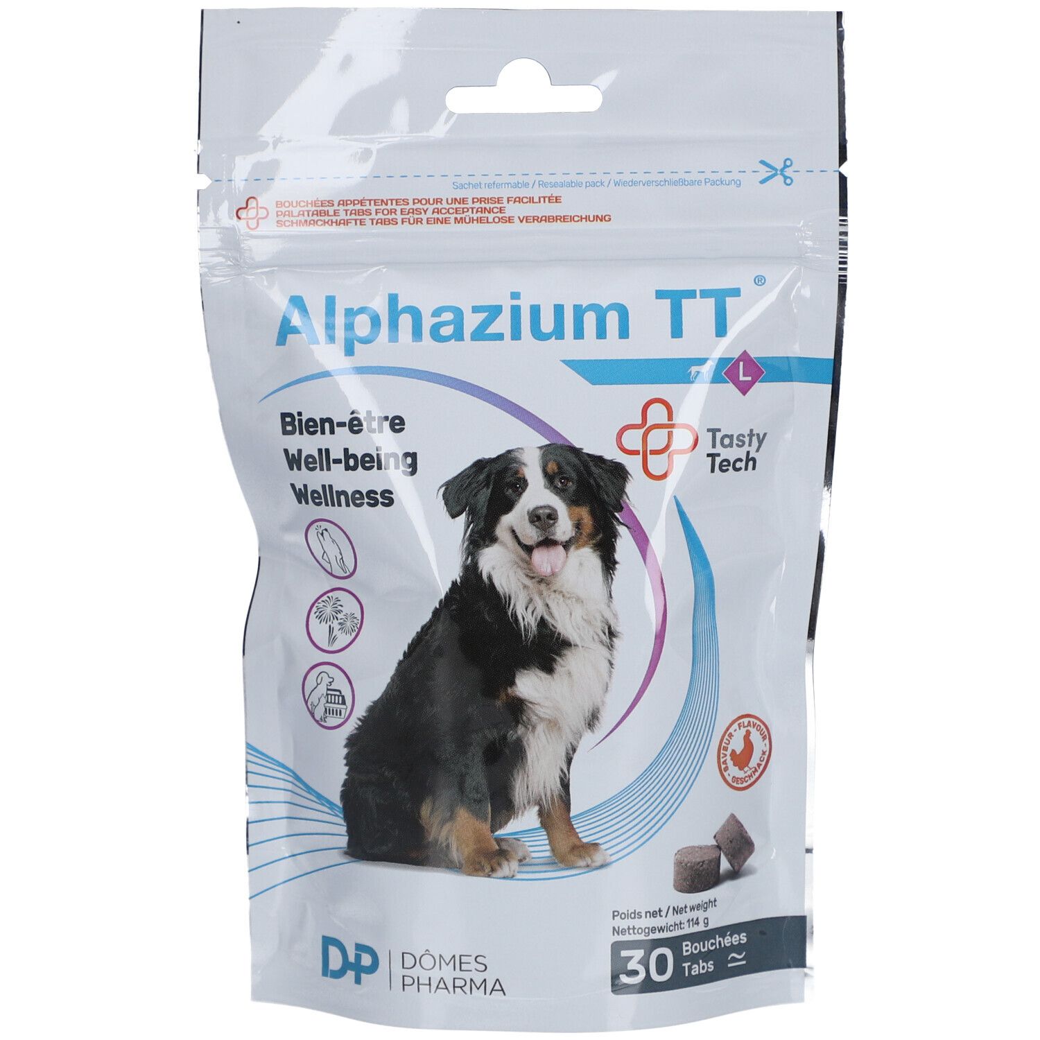 Zakje Alphazium TT met afbeelding van een hond. Tekst: Bien-être, Well-being, Wellness. 30 tabletten.