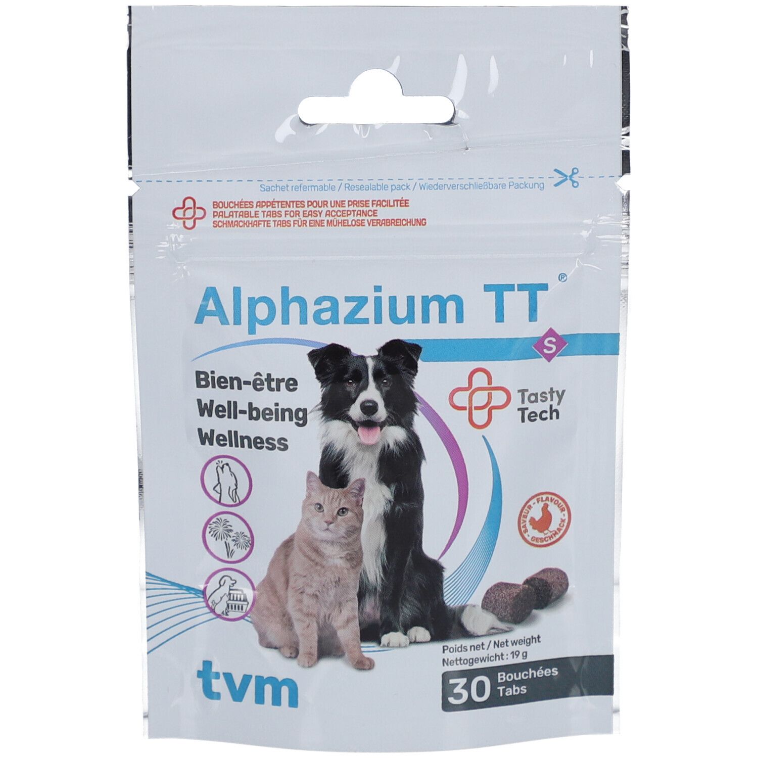 Verpakking met Alphazium TT S. Afbeelding van hond en kat. 30 tabletten. TVM logo. Tekst: Bien-être, Well-being, Wellness.