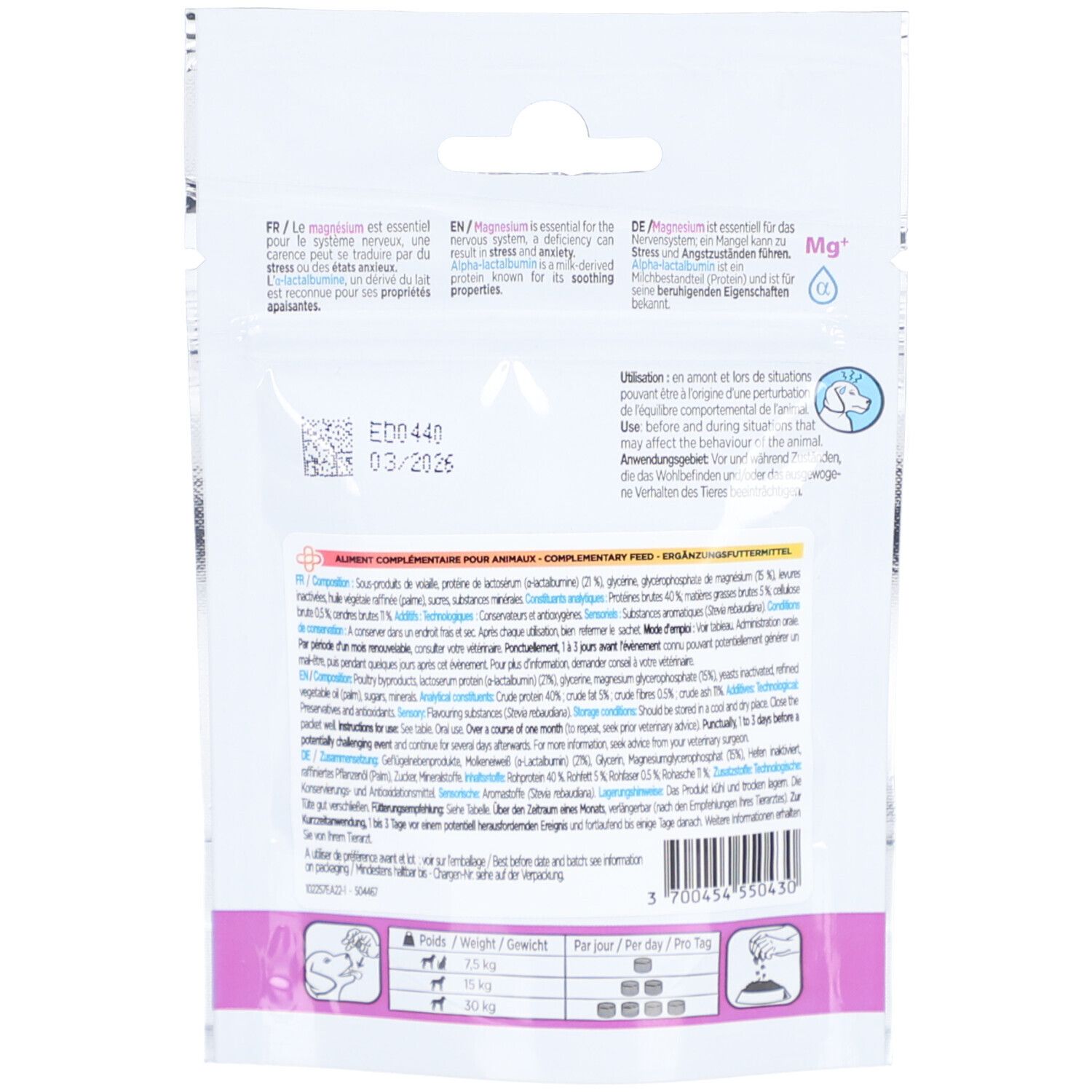 Achterkant verpakking Alphazium TT S. Meertalige tekst. Ingrediënten en gebruiksaanwijzing. Houdbaarheidsdatum: 03/2025.