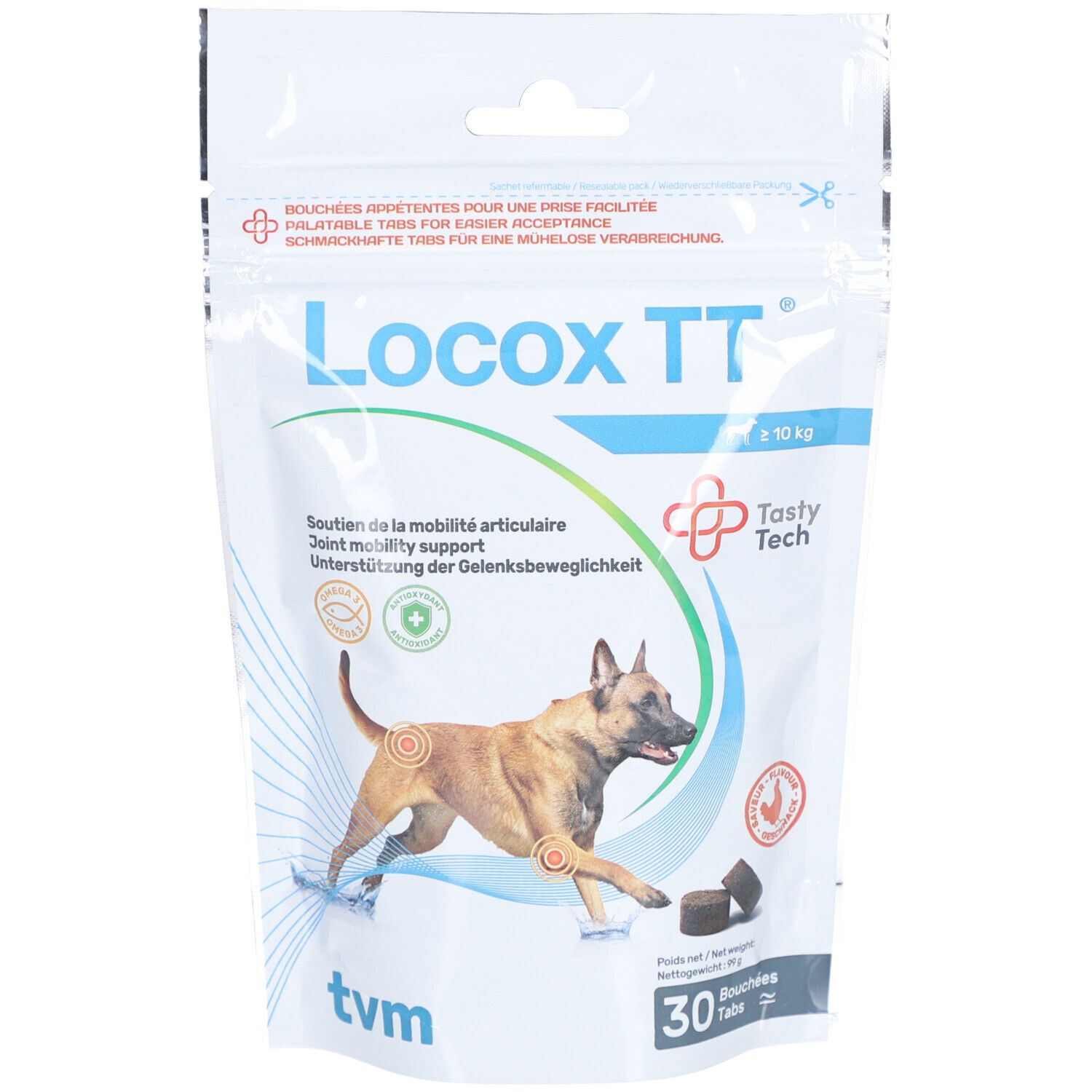 Zakje "Locox TT" met afbeelding van hond en gewrichtsmarkeringen. Bevat 30 tabletten.