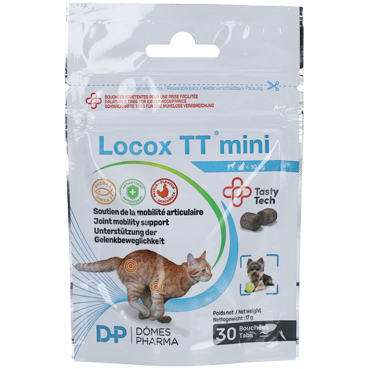 Zakje met "Locox TT mini" tabletten. Opschriften: "Joint mobility support", kat, hond, 30 tabs, 17g.