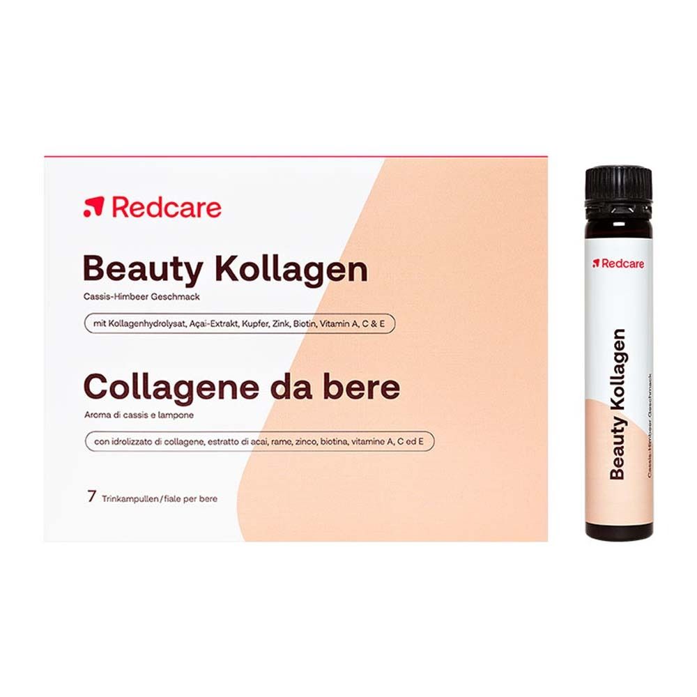 Boîte de Redcare Beauty Kollagen. Inscription : Beauty Kollagen, goût cassis-framboise, 7 ampoules buvables.