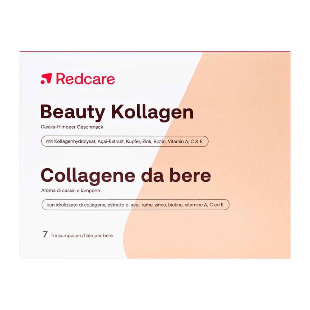 Boîte de Redcare Beauty Kollagen. Inscription : Beauty Kollagen, goût cassis-framboise, 7 ampoules buvables.