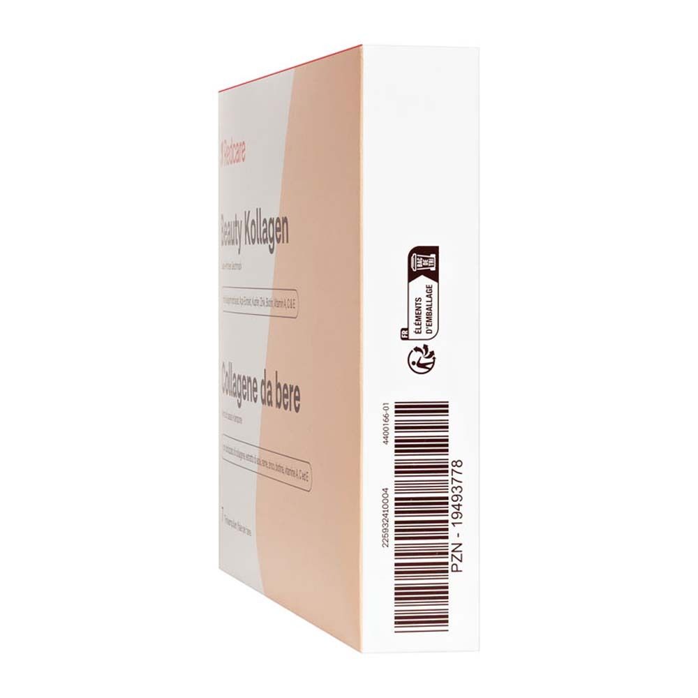 Côté de la boîte Redcare Beauty Kollagen. Texte et code-barres.