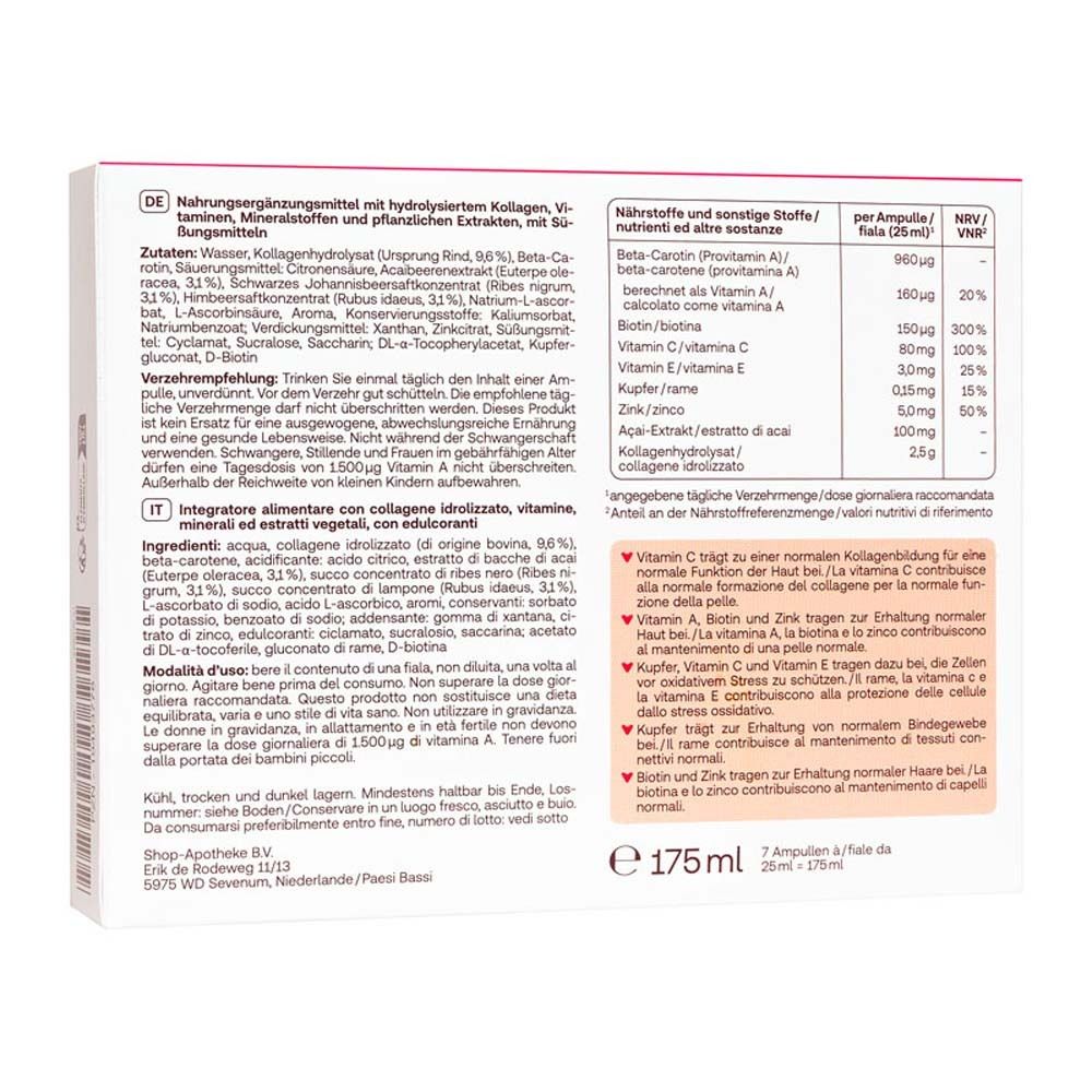 Dos de la boîte Redcare Beauty Kollagen. Texte avec ingrédients et informations nutritionnelles.