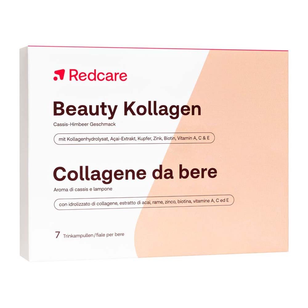 Boîte de Redcare Beauty Kollagen. Inscription : Beauty Kollagen, goût cassis-framboise, 7 ampoules buvables.