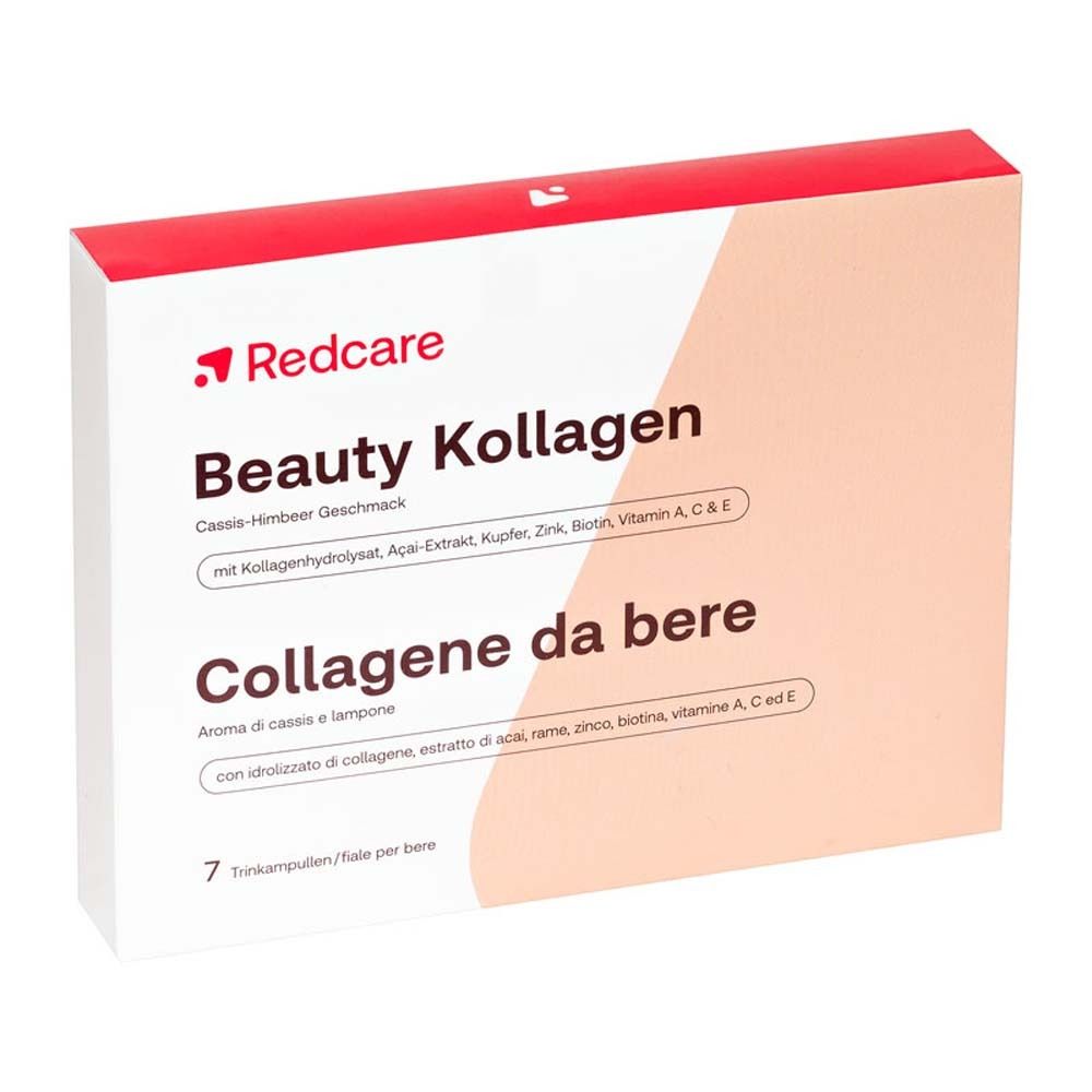 Boîte de Redcare Beauty Kollagen. Inscription : Beauty Kollagen, goût cassis-framboise, 7 ampoules buvables.