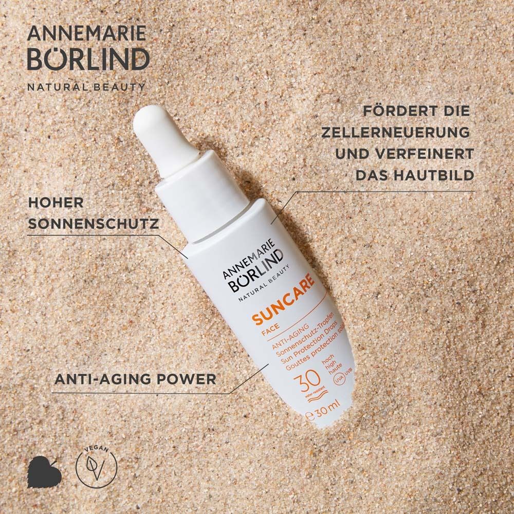 Fles met pipet op zand. Opschrift: Suncare Face, Anti-Aging, SPF 30. Tekst: Hoge bescherming tegen de zon.