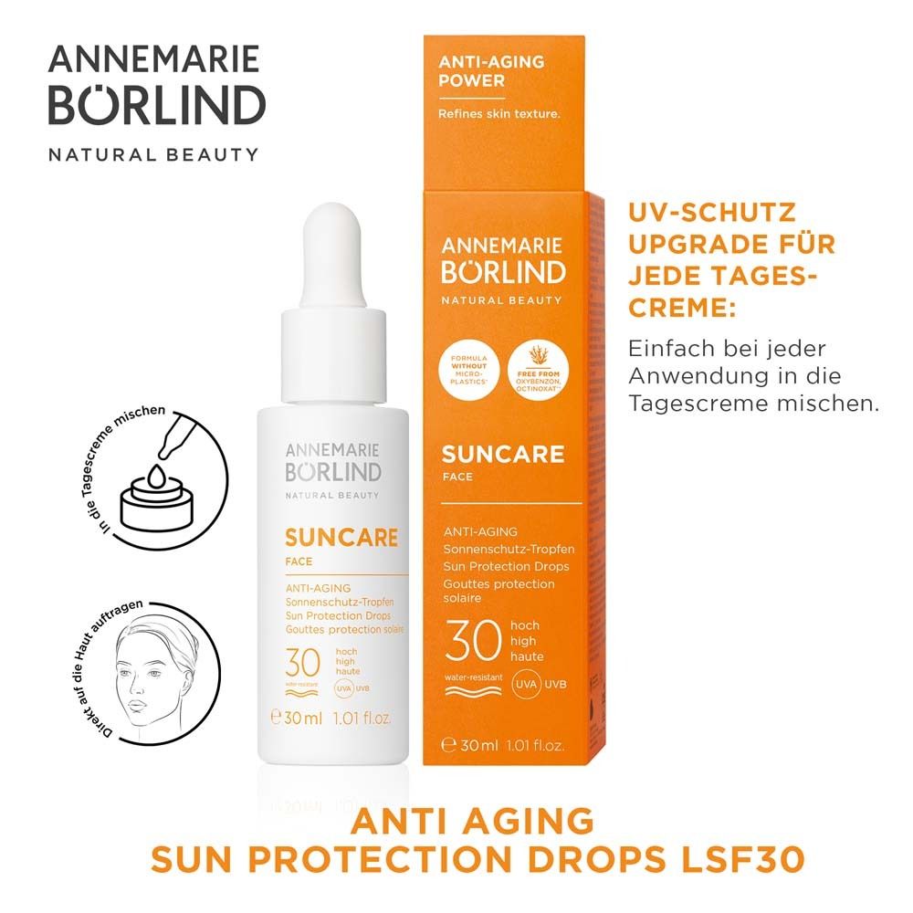 Product en verpakking. Opschrift: Suncare Face, Anti-Aging, SPF 30. Tekst: UV-bescherming voor elke dagcrème.