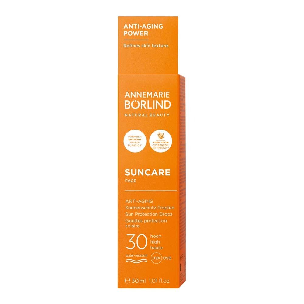 Product en verpakking. Opschrift: Suncare Face, Anti-Aging, SPF 30. Tekst: Anti-Aging Power.