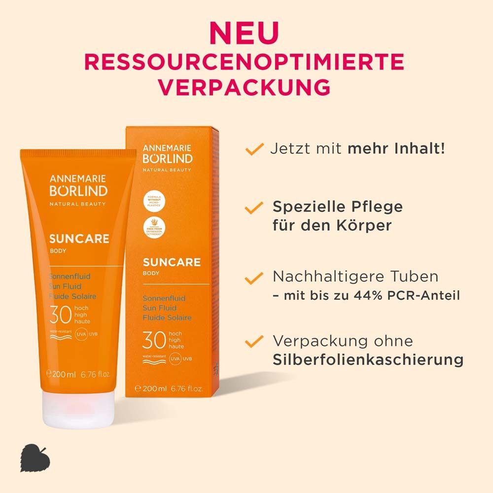 Tube de crème solaire et emballage. Marque : ANNEMARIE BÖRLIND. SUNCAR Body SPF 30. Nouvel emballage.
