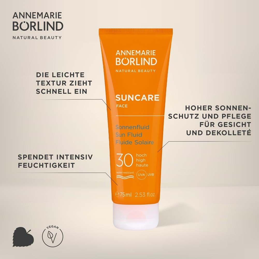 Tube orange de fluide solaire LSF 30. Texte : Suncare Face. Textes et icônes supplémentaires.