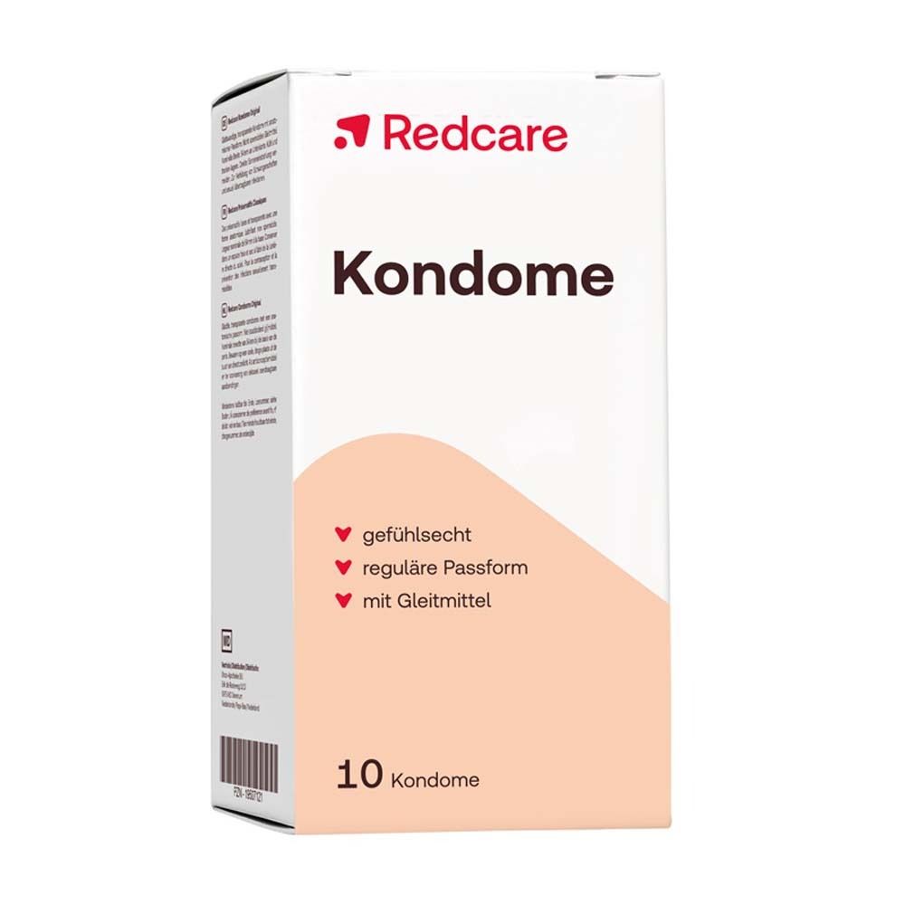 Boîte de préservatifs Redcare. Contient 10 préservatifs. Caractéristiques : sensation naturelle, coupe régulière, avec lubrifiant.