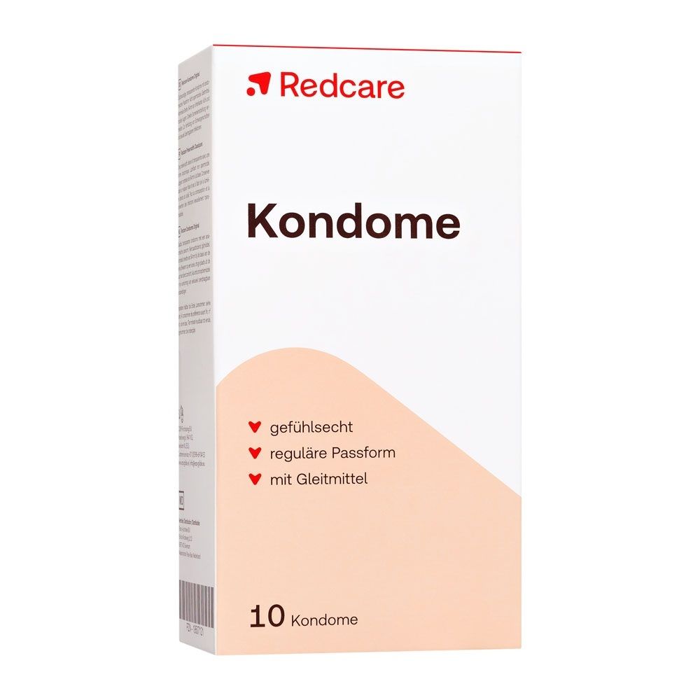 Redcare Condoms verpakking met 10 stuks. Met glijmiddel, normale pasvorm en natuurlijk gevoel.