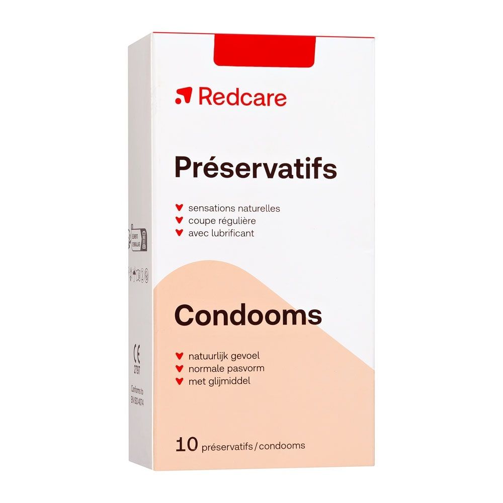 Redcare Condoms verpakking met 10 stuks. Met glijmiddel, normale pasvorm en natuurlijk gevoel.