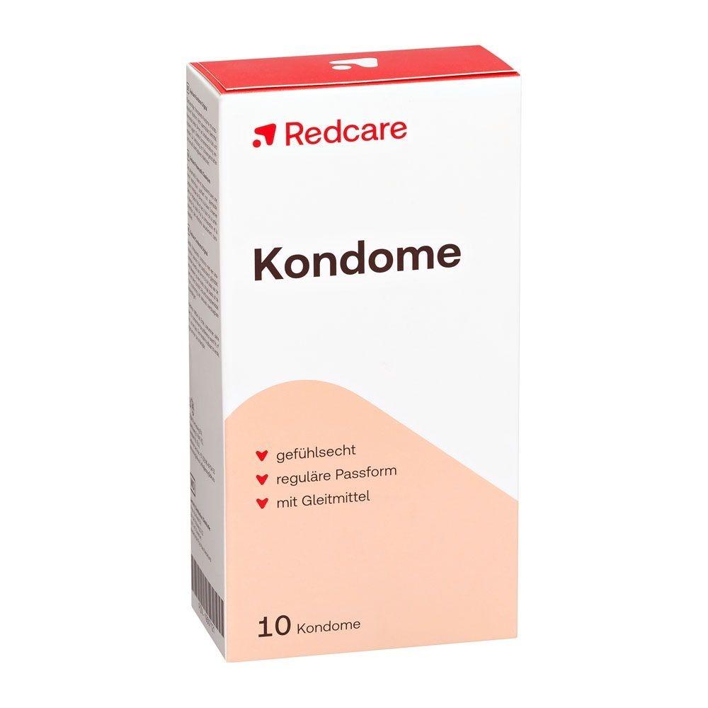 Redcare Condoms verpakking met 10 stuks. Met glijmiddel, normale pasvorm en natuurlijk gevoel.