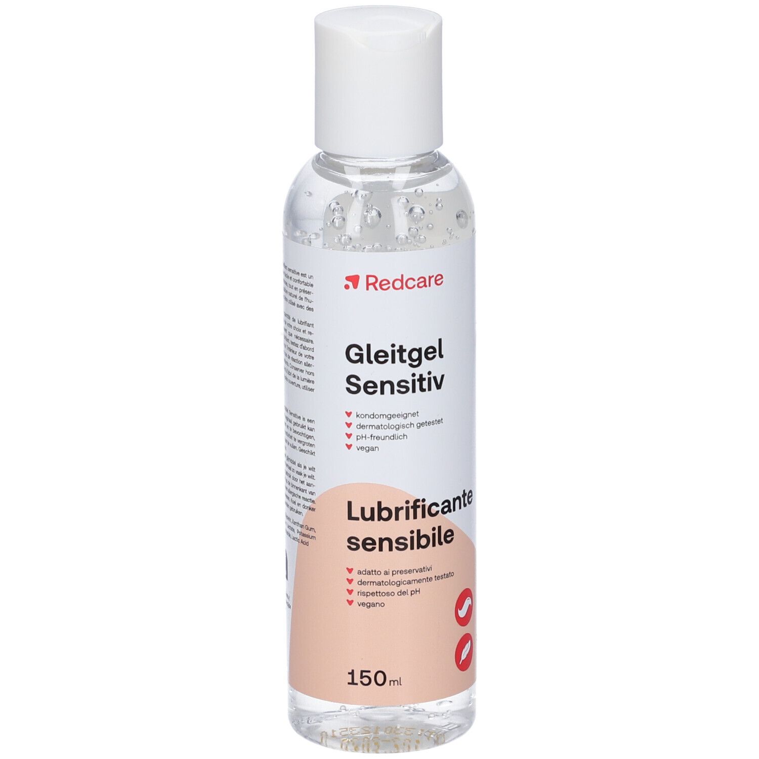 Transparante fles met witte dop. Etiket met productnaam, merk Redcare en informatie. 150ml.