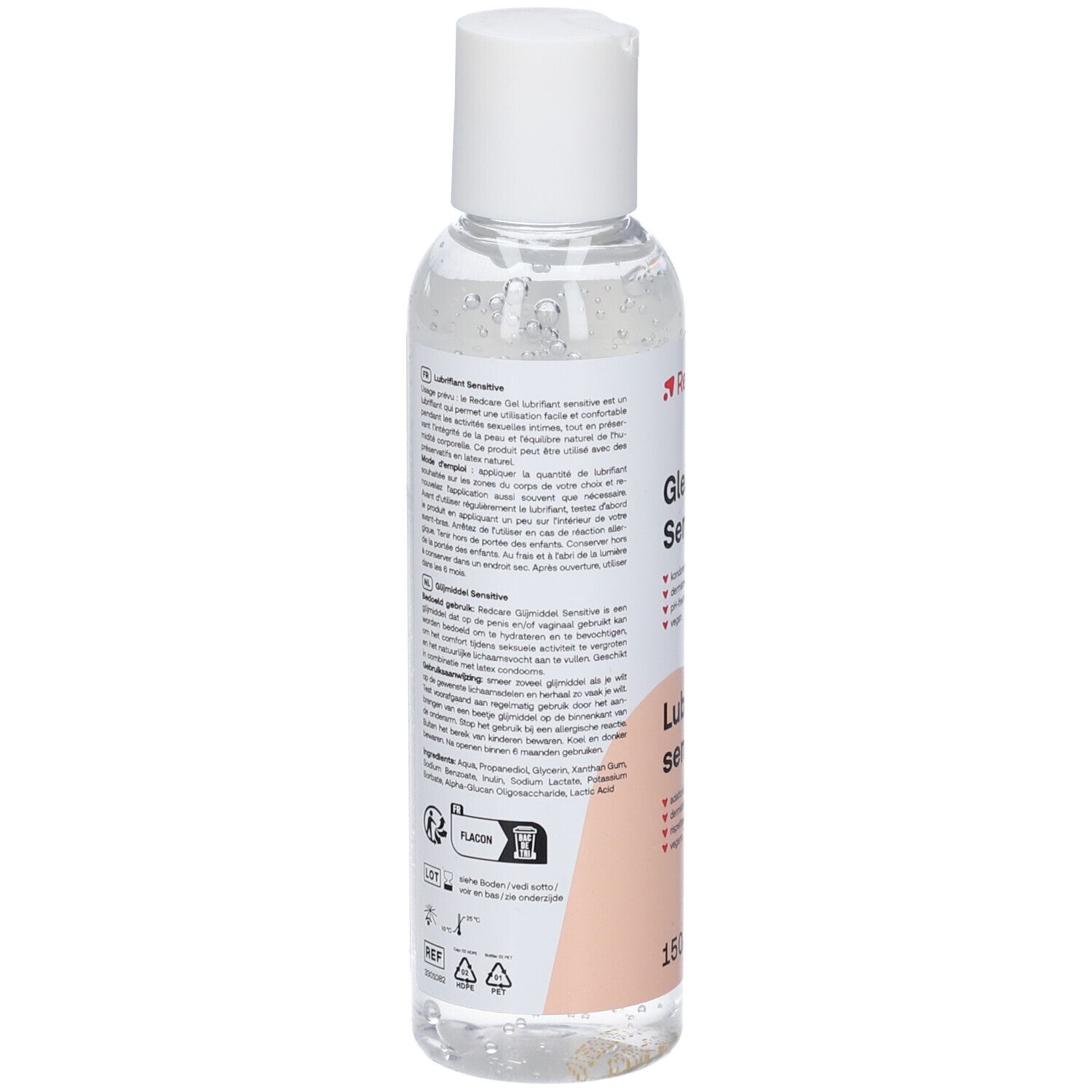 Achterkant van de fles. Etiket met productinformatie, ingrediënten en fabrikantgegevens. Meertalige tekst.