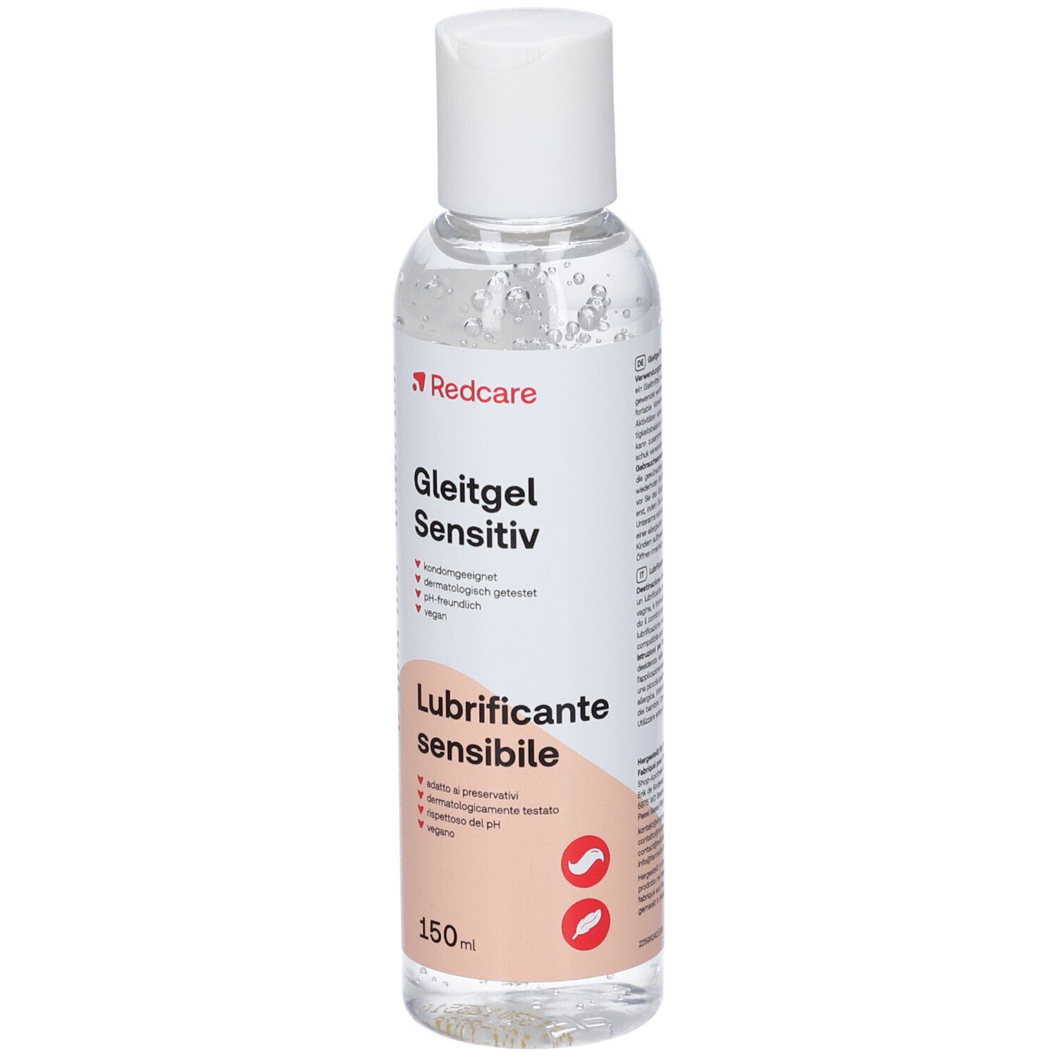 Transparante fles met witte dop. Etiket met productnaam, merk Redcare en informatie. 150ml.