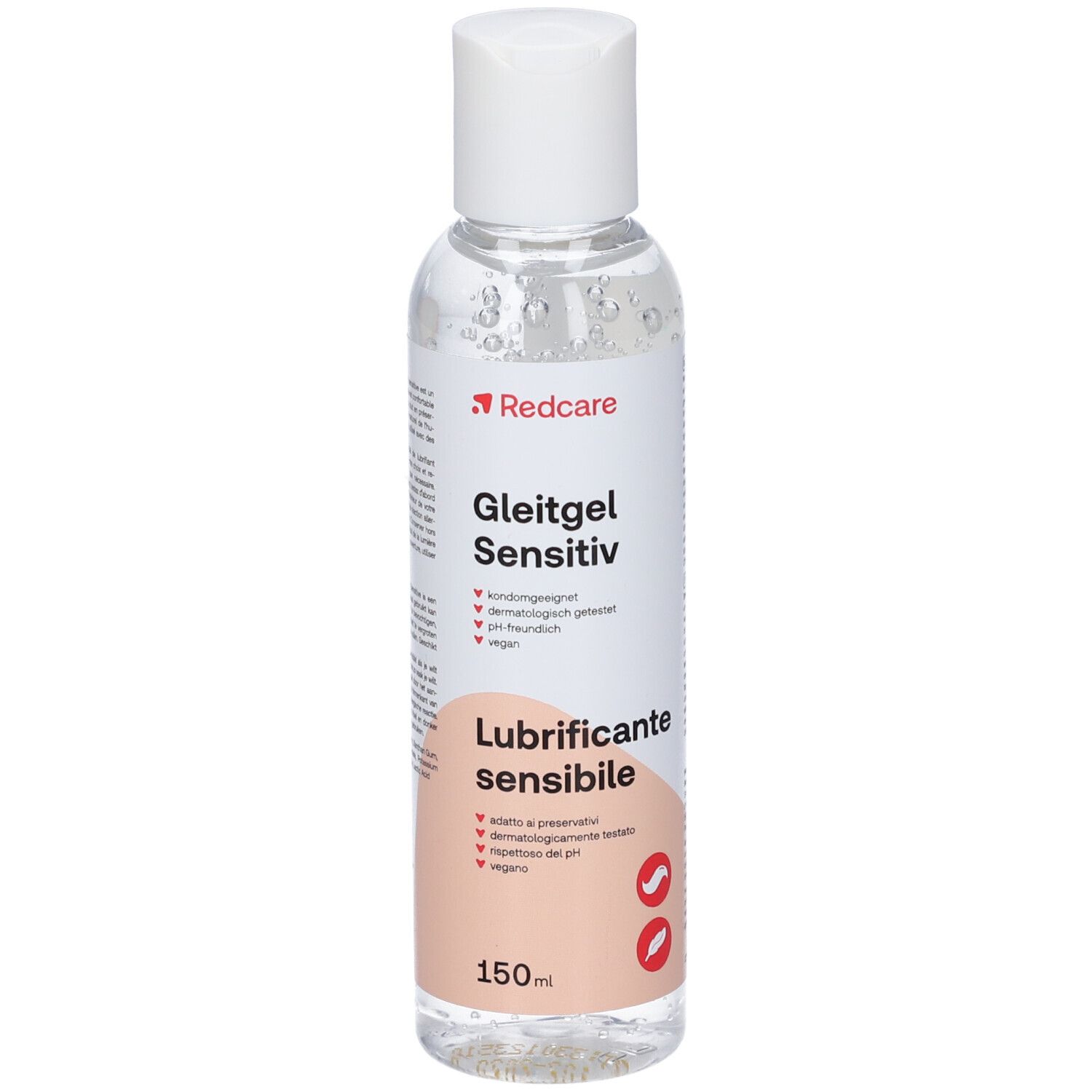 Transparante fles met witte dop. Etiket met productnaam, merk Redcare en informatie. 150ml.
