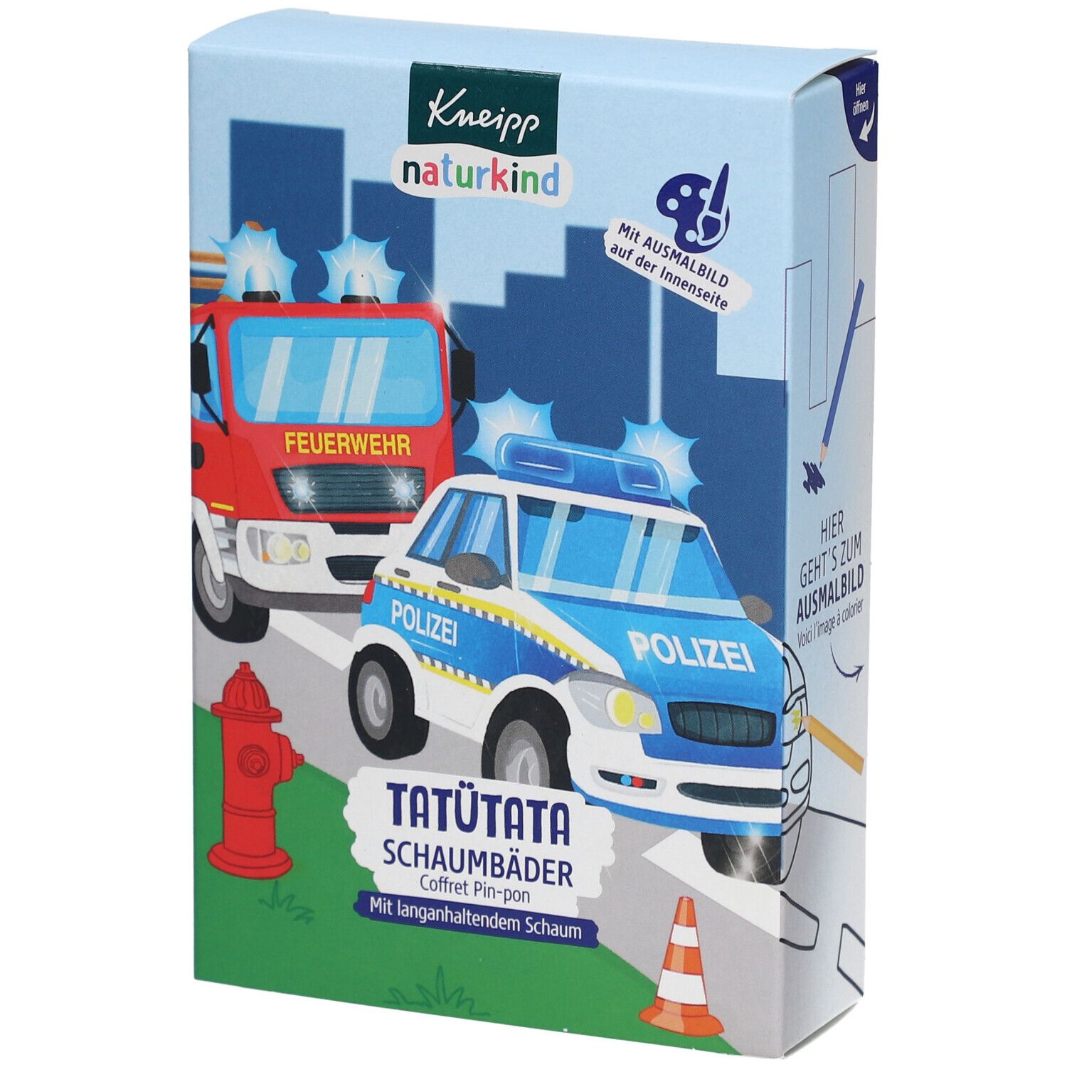 Coffret de bains moussants Kneipp naturkind avec motifs pompier et police. Contient "Mousse longue durée".