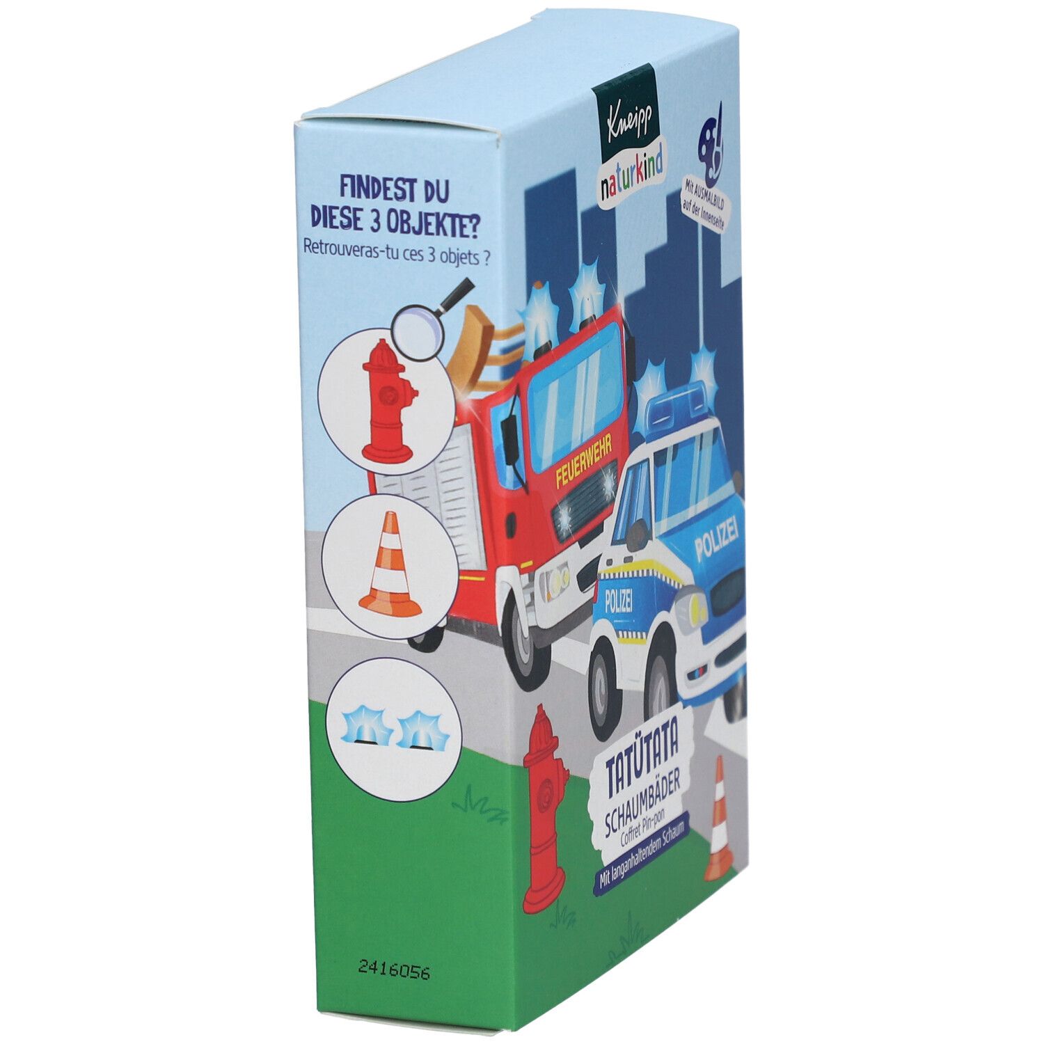 Emballage avec illustration d'un camion de pompiers et d'une voiture de police, ainsi que des éléments de jeu.