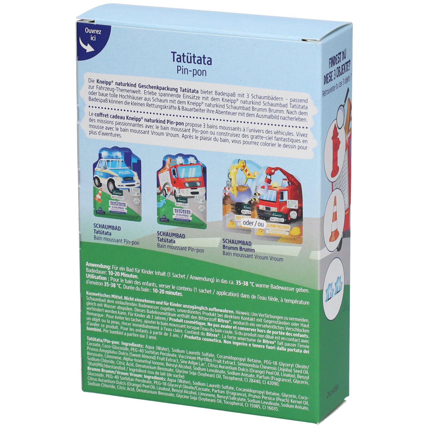 Emballage de bain moussant pour enfants avec trois motifs de véhicules : police, pompier et excavatrice.