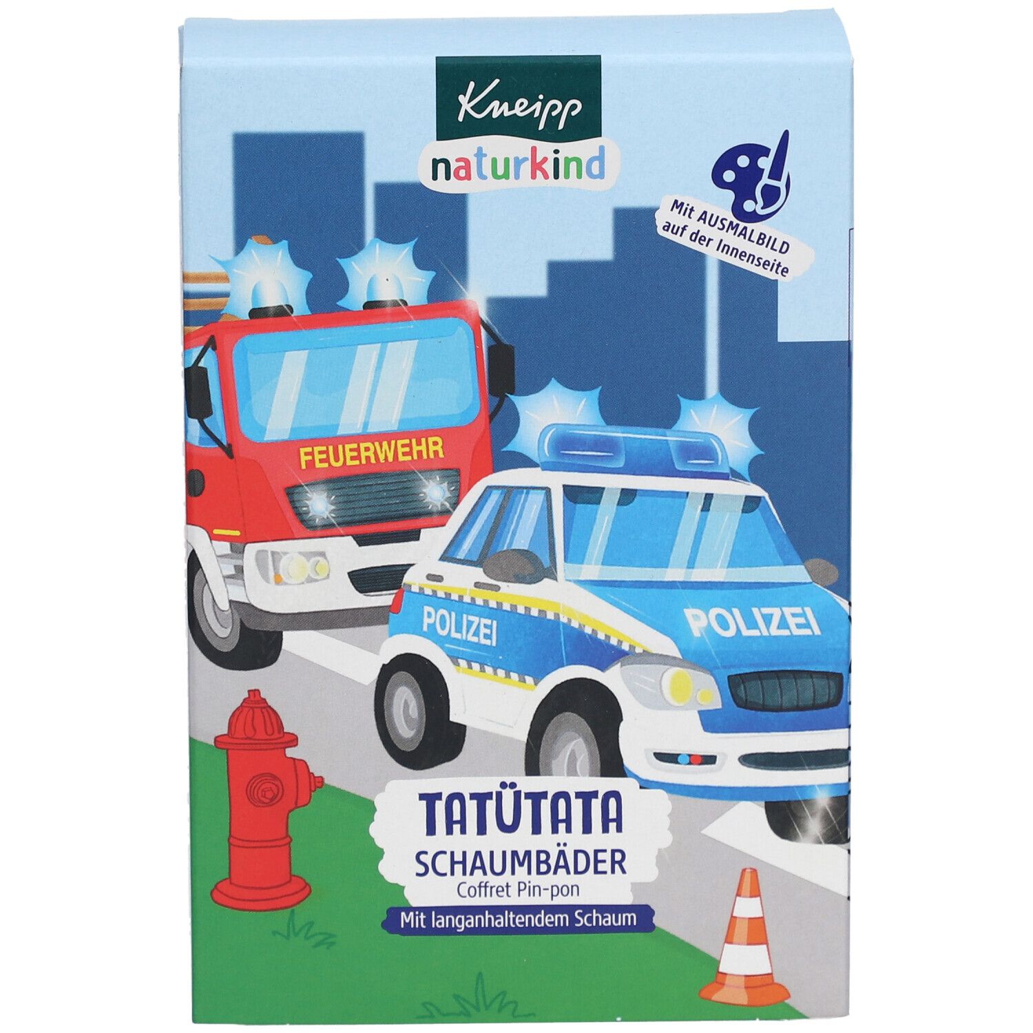Emballage Kneipp Naturkind "Tatütata" Coffret Pin-pon avec camion de pompiers et voiture de police.