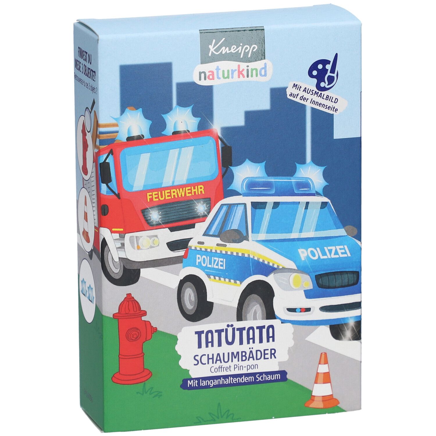Emballage pour bain moussant avec motif de pompier et de voiture de police.